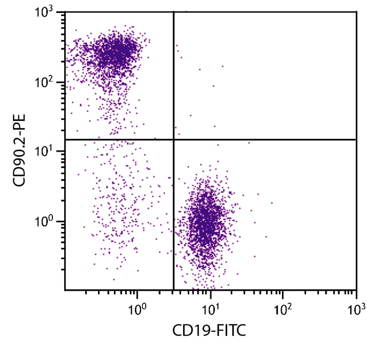 BALB/c mouse splenocytes were stained with Rat Anti-Mouse CD90.2-PE (Cat. No. 98-870) and Rat Anti-Mouse CD19-FITC .