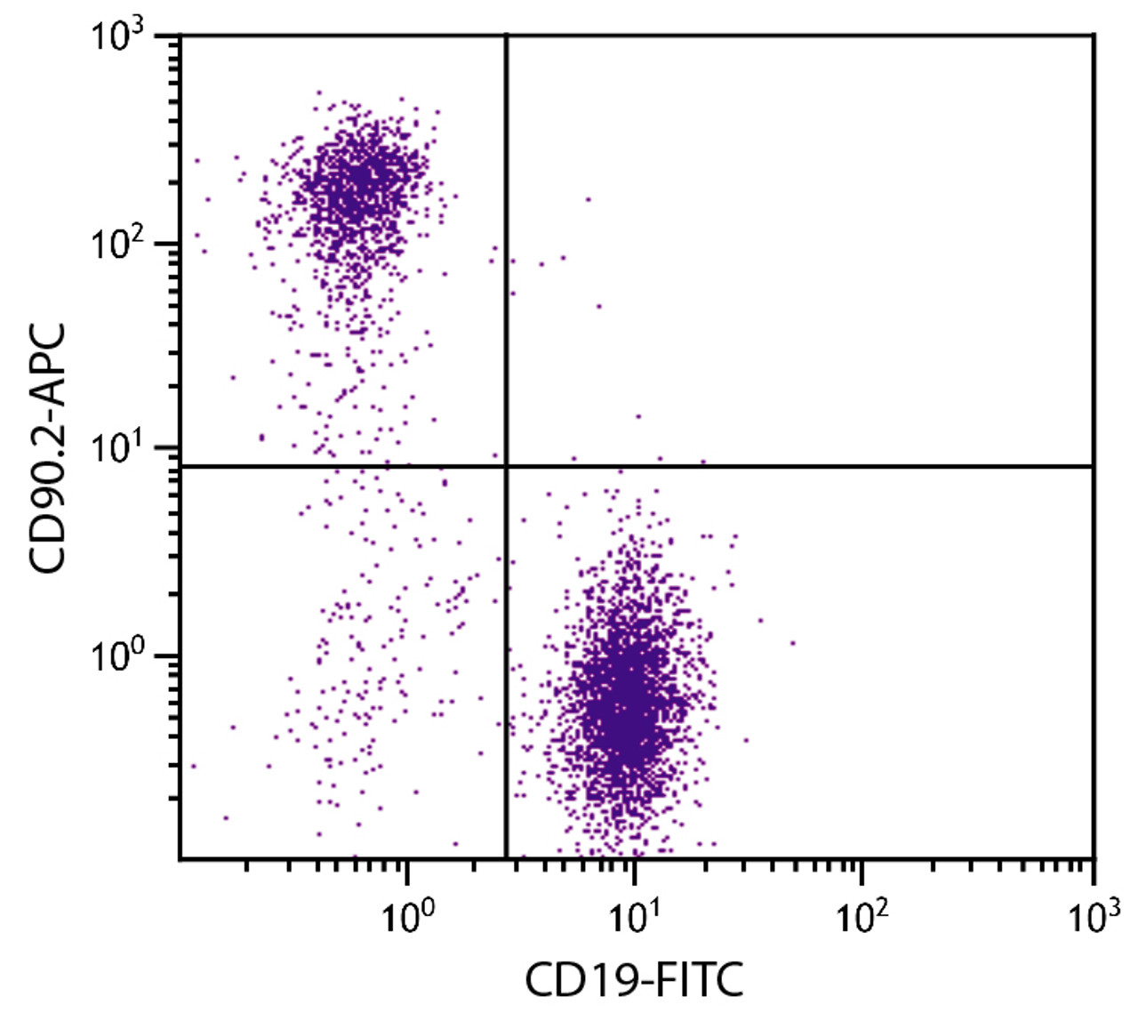 BALB/c mouse splenocytes were stained with Rat Anti-Mouse CD90.2-APC (Cat. No. 98-871) and Rat Anti-Mouse CD19-FITC .