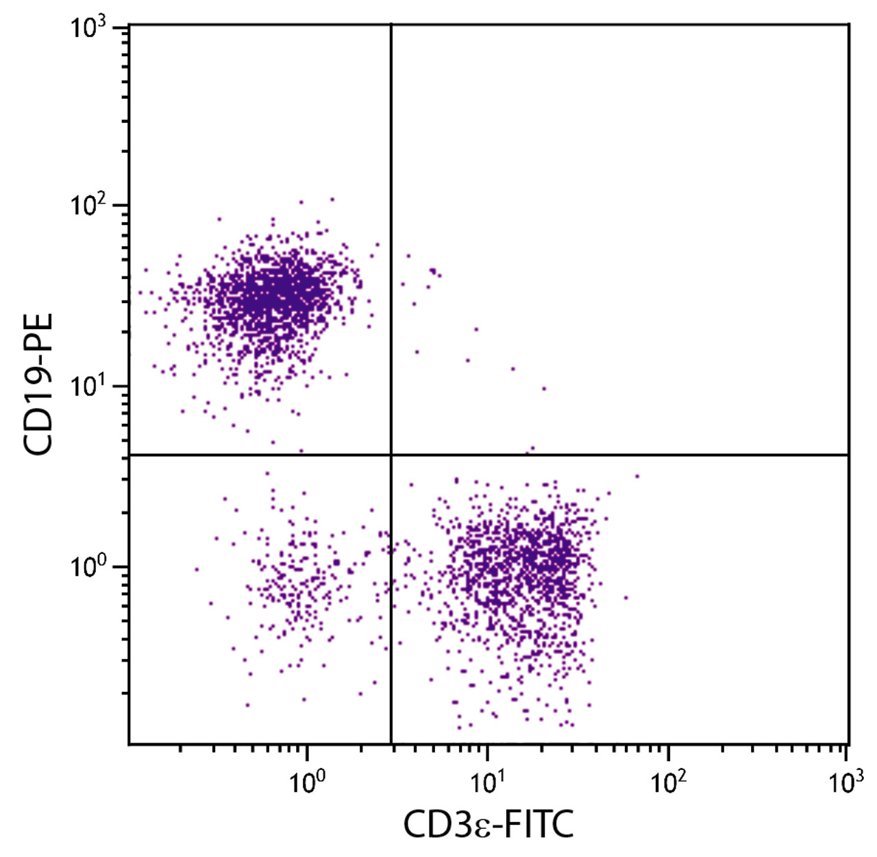 C57BL/6 mouse splenocytes were stained with Rat Anti-Mouse CD3?-FITC (Cat. No. 98-576) and Rat Anti-Mouse CD19-PE .