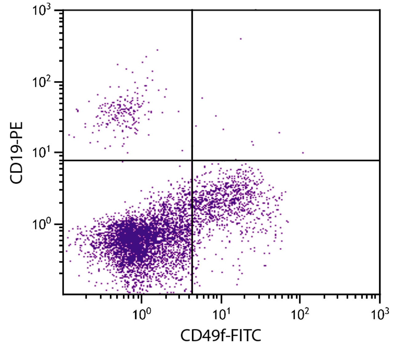 Human peripheral blood lymphocytes were stained with Mouse Anti-Human CD49f-FITC (Cat. No. 99-548) and Mouse Anti-Human CD19-PE .