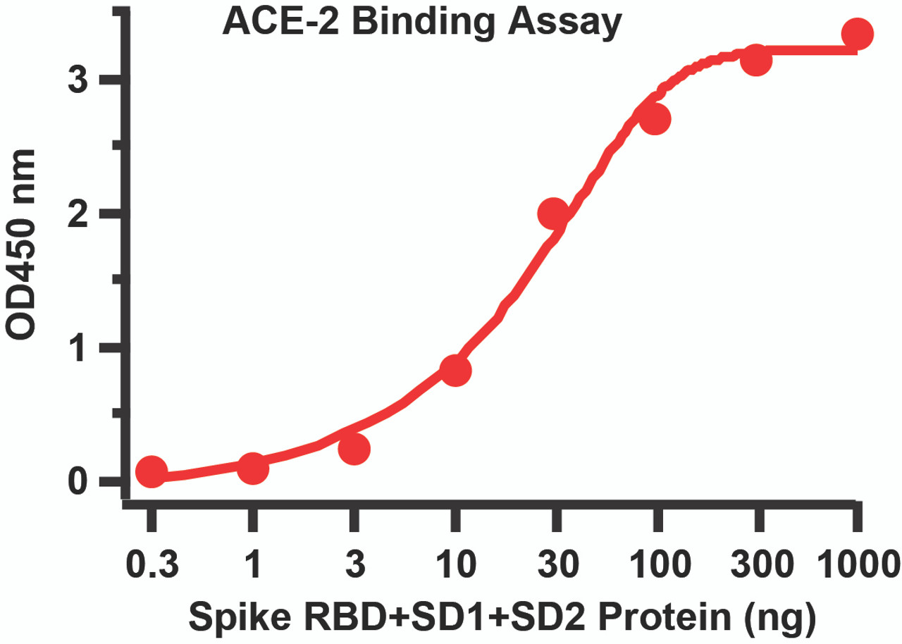 Binding Assay of ACE2 and SARS-CoV-2 (COVID-19) Spike RBD+SD1+SD2 Recombinant ProteinCoating: SARS-CoV-2 (COVID-19) Spike RBD+SD1+SD2 recombinant protein (10-305) from 0.3 ng to 1000 ng. Capture: ACE2 recombinant protein, 10-120 (0.5 ;g/mL) . Secondary: Goat anti-human IgG HRP conjugate at 1:10000 dilution.
