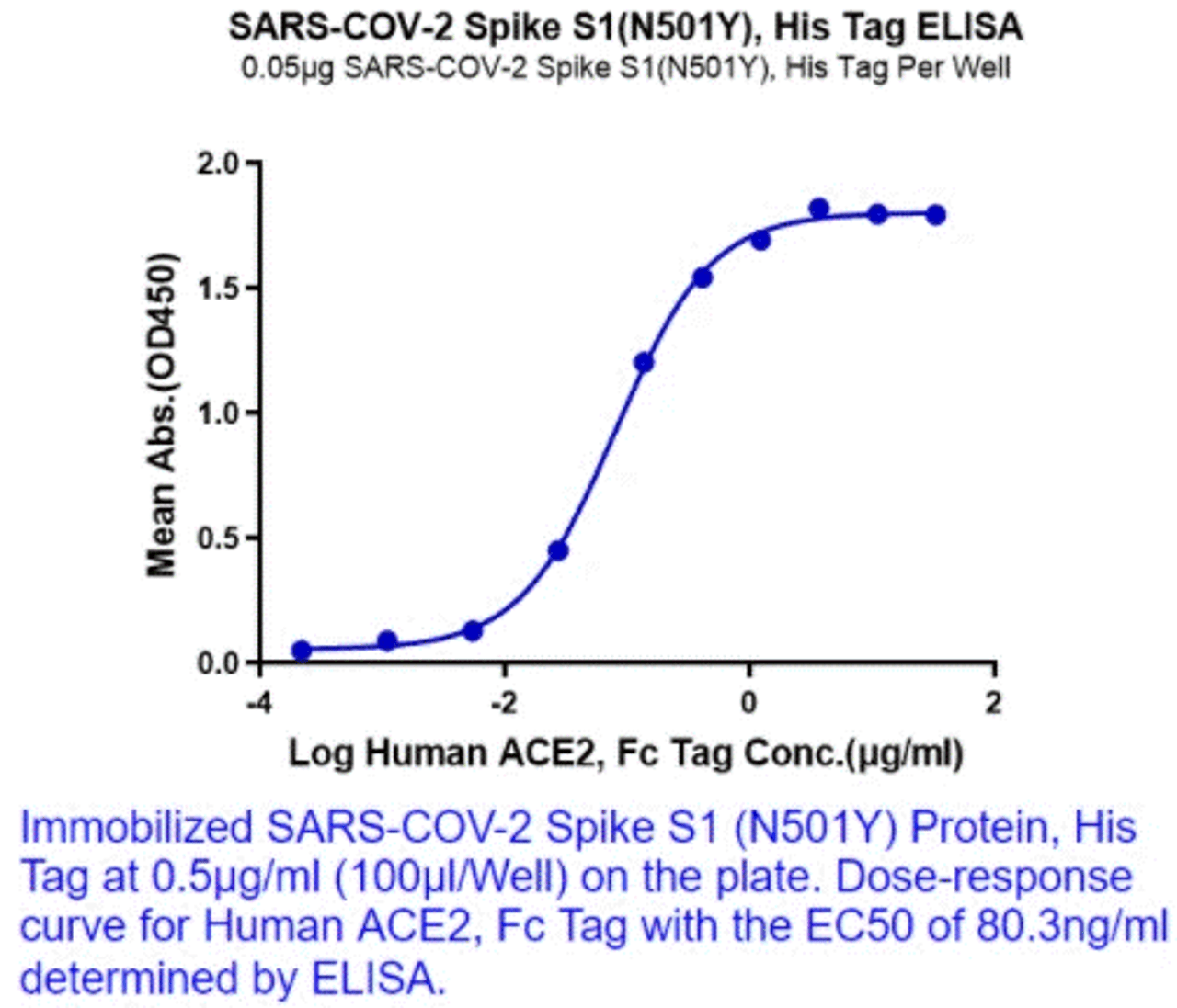 Immobilized SARS-CoV S protein RBD (N501Y) , His Tag at 0.5 ug/ml (100ug/Well) on the plate. Dose response curve for Human ACE2, Fc Tag with the EC50 of 80.3 ng/ml determined by ELISA.