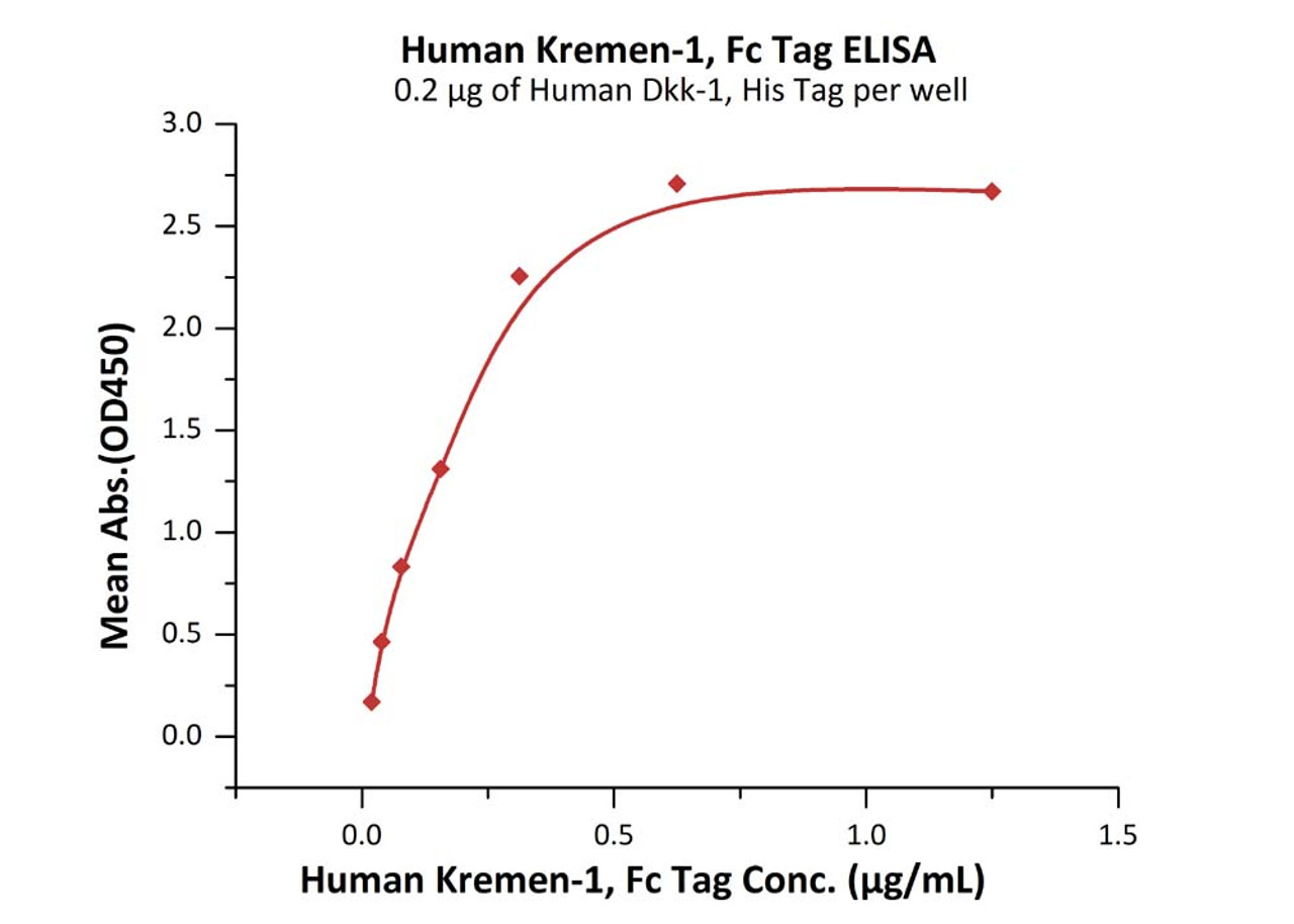 Immobilized Human Dkk-1, His Tag at 2 ug/mL (100 uL/well) can bind Human Kremen-1, Fc Tag with a linear range of 0.02-0.313 ug/mL (QC tested) .