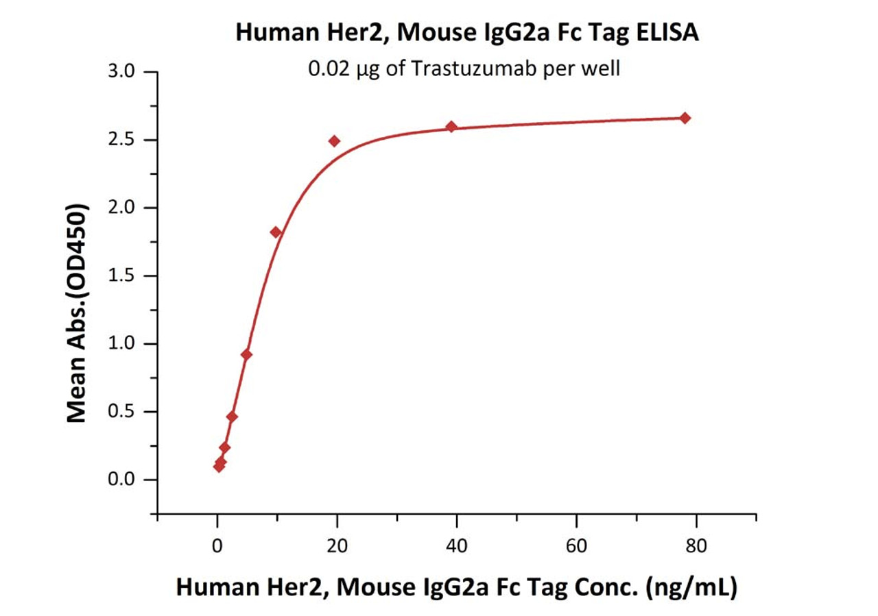 Immobilized Trastuzumab at 0.2 ug/mL (100 uL/well) can bind Human Her2, Mouse IgG2a Fc Tag with a linear range of 0.3-10 ng/mL (QC tested) .