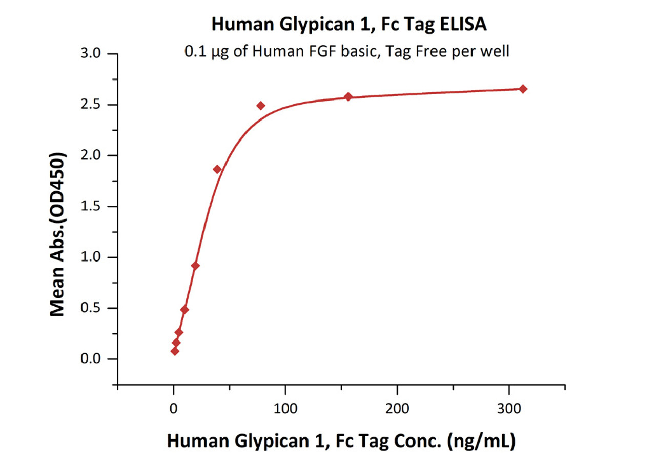 Immobilized Human FGF basic, Tag Free at 1 ug/mL (100 uL/well) can bind Human Glypican 1, Fc Tag with a linear range of 1-39 ng/mL (QC tested) .