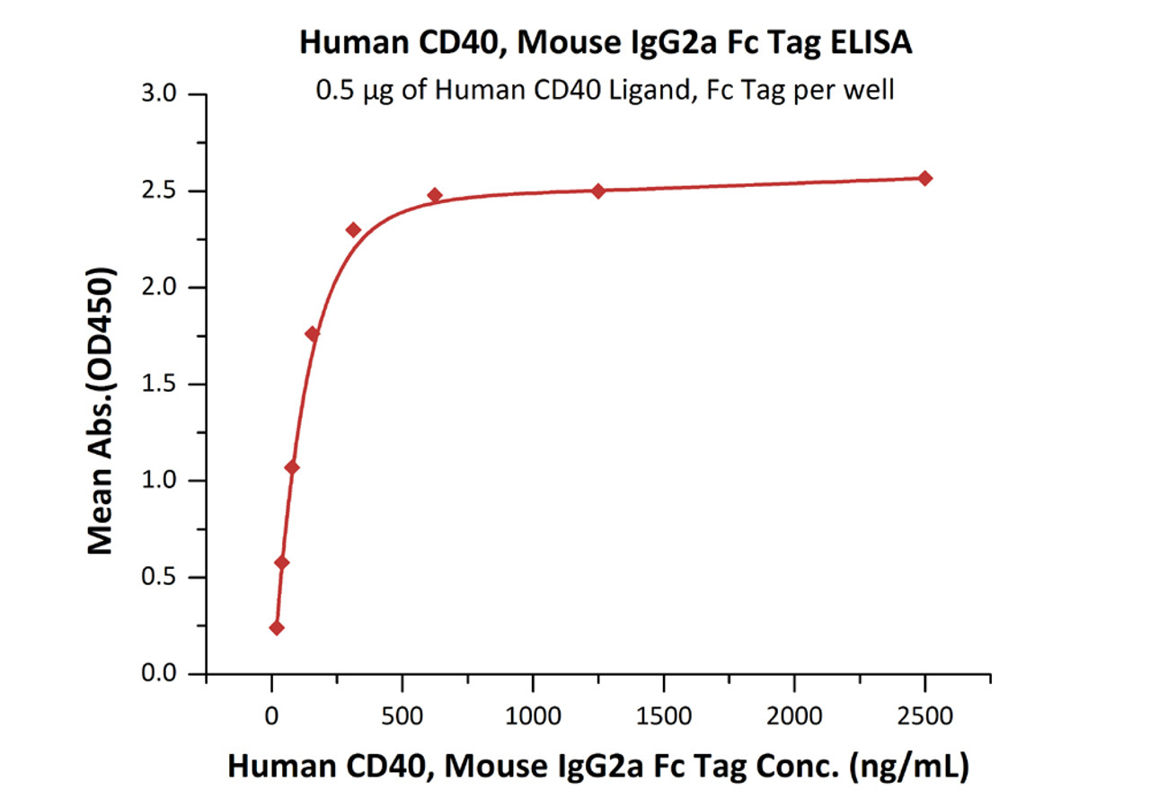Immobilized Human CD40 Ligand, Fc Tag at 5 ug/mL (100 uL/well) can bind Human CD40, Mouse IgG2a Fc Tag, low endotoxin with a linear range of 20-156 ng/mL (QC tested) .