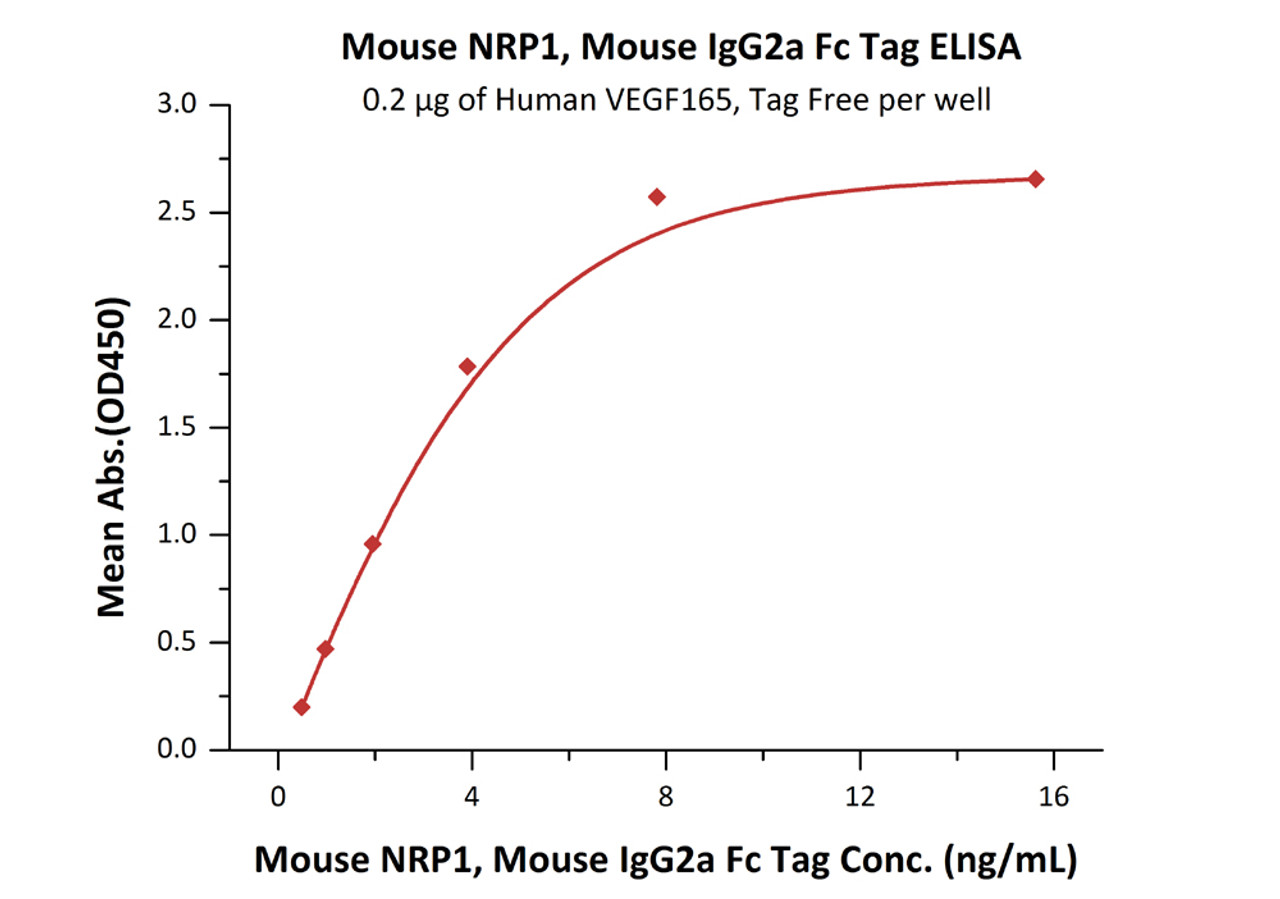 Immobilized Human VEGF165, Tag Free at 2 ug/mL (100 uL/well) can bind Mouse NRP1, Mouse IgG2a Fc Tag with a linear range of 0.5-4 ng/mL (QC tested) .