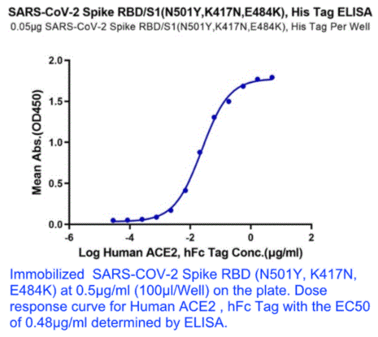 Immobilized SARS-CoV-2 (COVID-19) South African variant (501Y.V2) Spike RBD (K417N, E484K, N501Y) , at 0.5 ug/ml (100ug/Well) on the plate. Dose response curve for Human ACE2, Fc Tag with the EC50 of 0.48 ug/ml determined by ELISA.