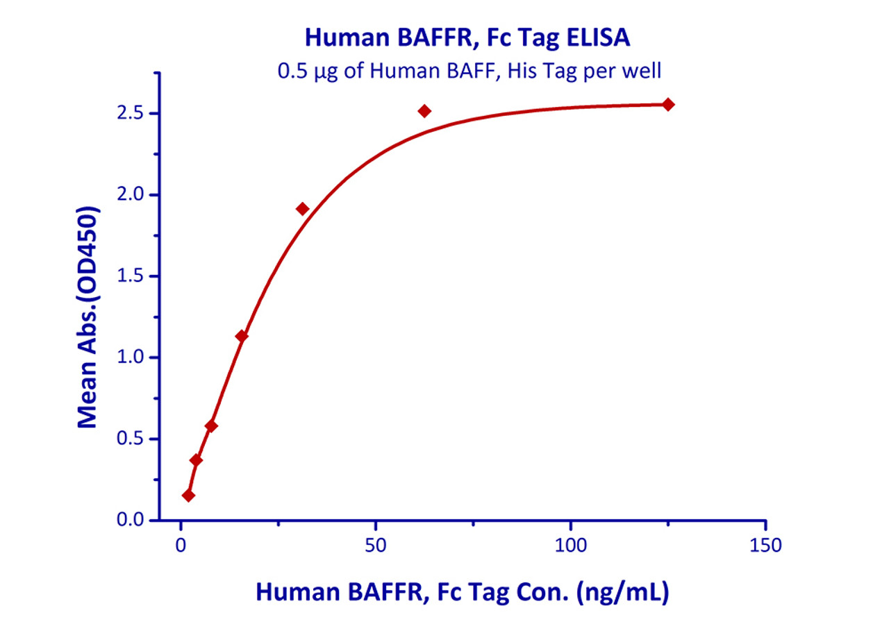 Immobilized Human BAFF, His Tag at 5 ug/mL (100 uL/well) can bind Human BAFFR, Fc Tag with a linear range of 2-31 ng/mL.