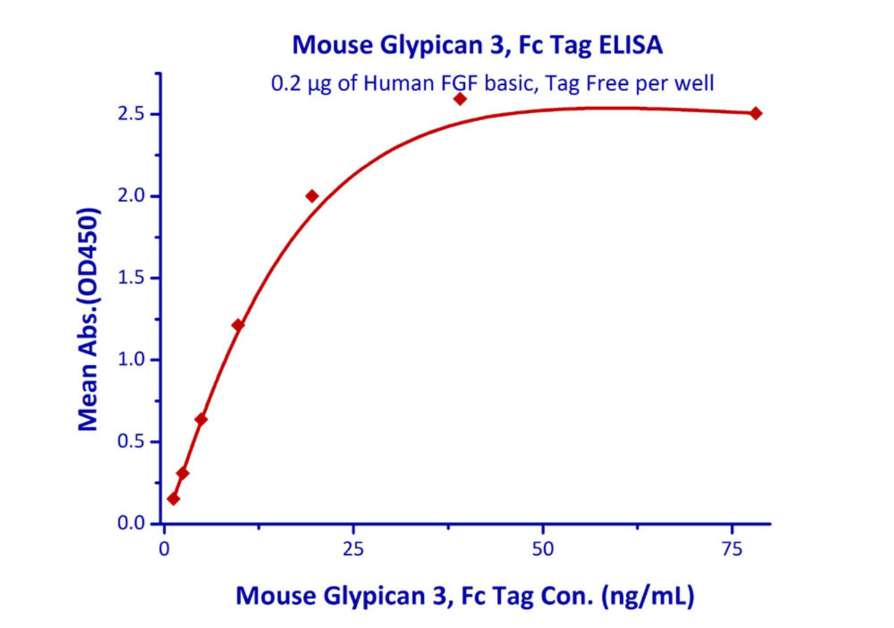 Immobilized Human FGF basic, Tag Free at 2 ug/mL (100 uL/well) can bind Mouse Glypican 3, Fc Tag with a linear range of 1.22-9.7 ng/mL.