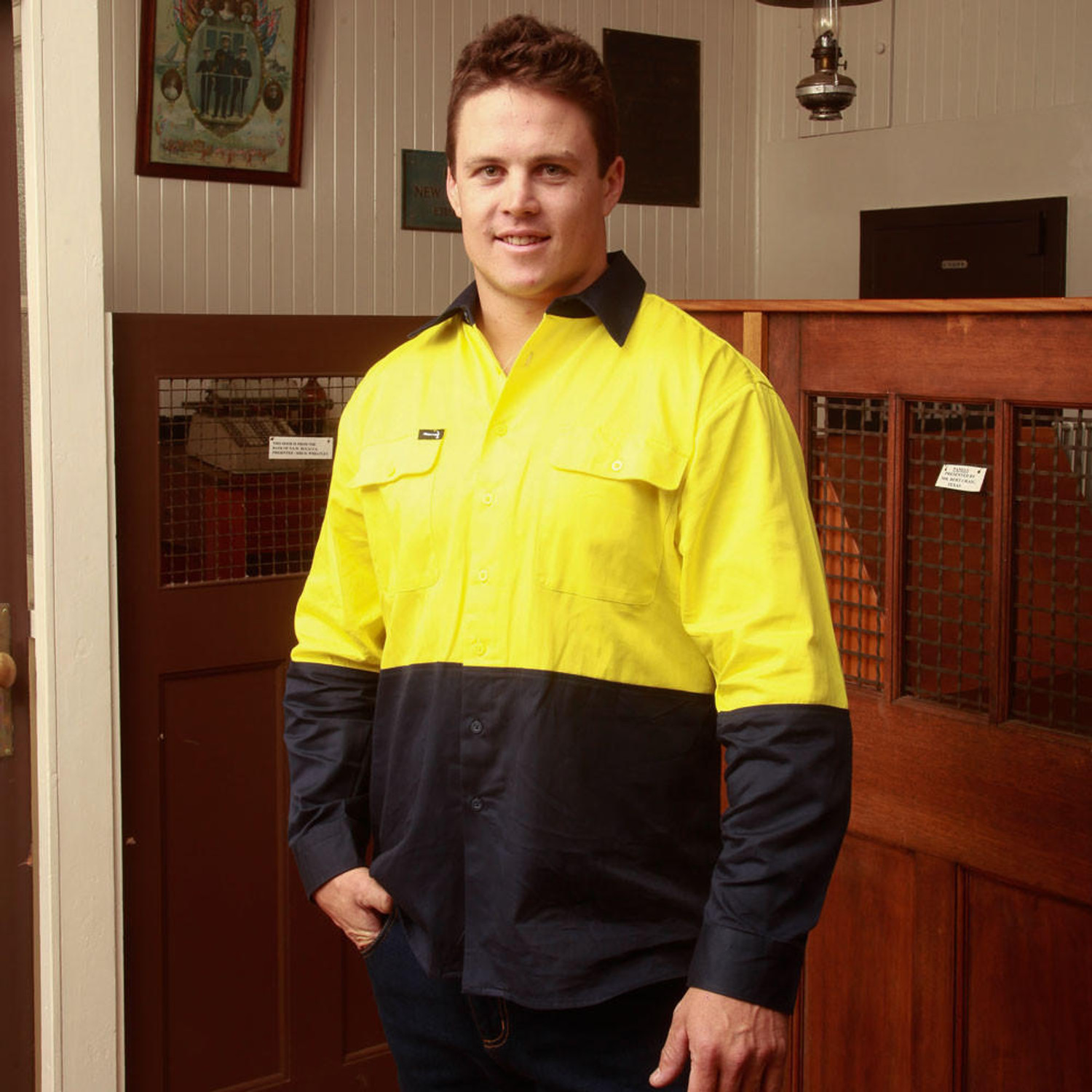  Hammer and Needle Cotton Drill Long Sleeve/Open Front Yellow/Navy Hi-Vis Work shirt 