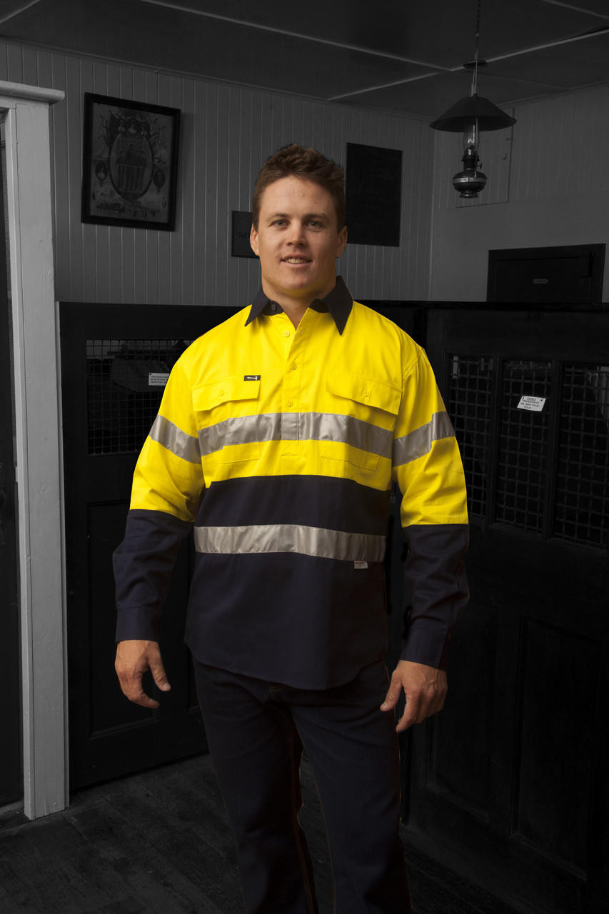Hammer and Needle Cotton Drill Long Sleeve/Closed Front Yellow/Navy Hi-Vis Reflective Tape Work shirt