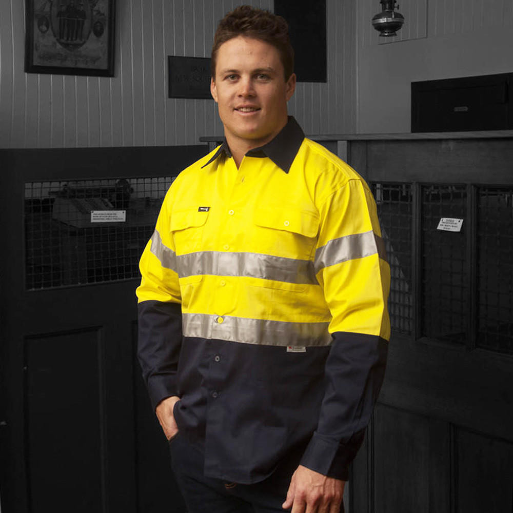 Hammer and Needle Cotton Drill Long Sleeve/Open Front Yellow/Navy Hi-Vis + Reflective Tape Work shirt