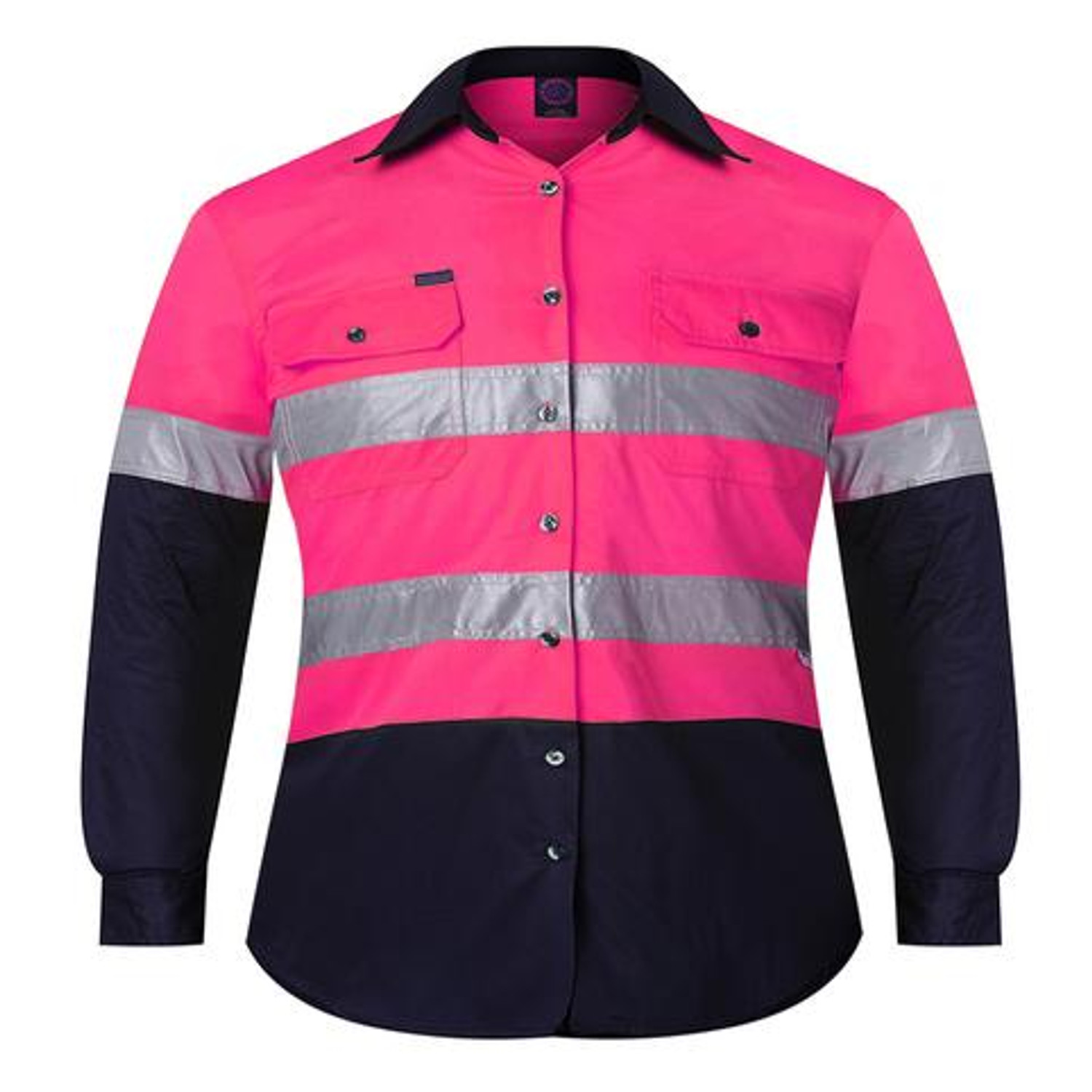 Ritemate RM4050R Kids Hi Vis 2-Tone Shirt Long Sleeve Open Front Pink/Navy Bulk Deal, Buy 4 for dollar44.95 Each