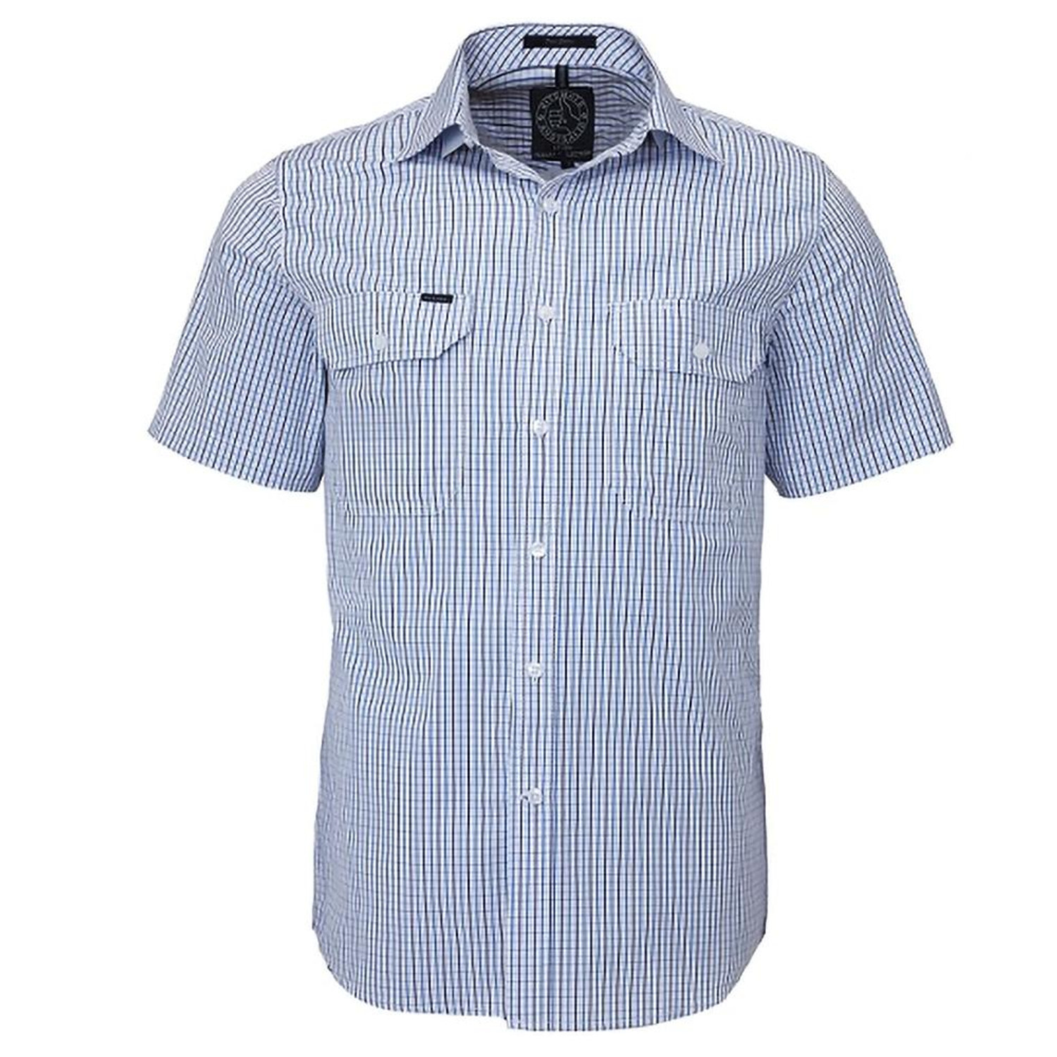 Ritemate RMPC011S Mens Short Sleeve Double Pocket Shirt in Blue/Navy/White Bulk Deal, Buy 4 for dollar59.95 Each