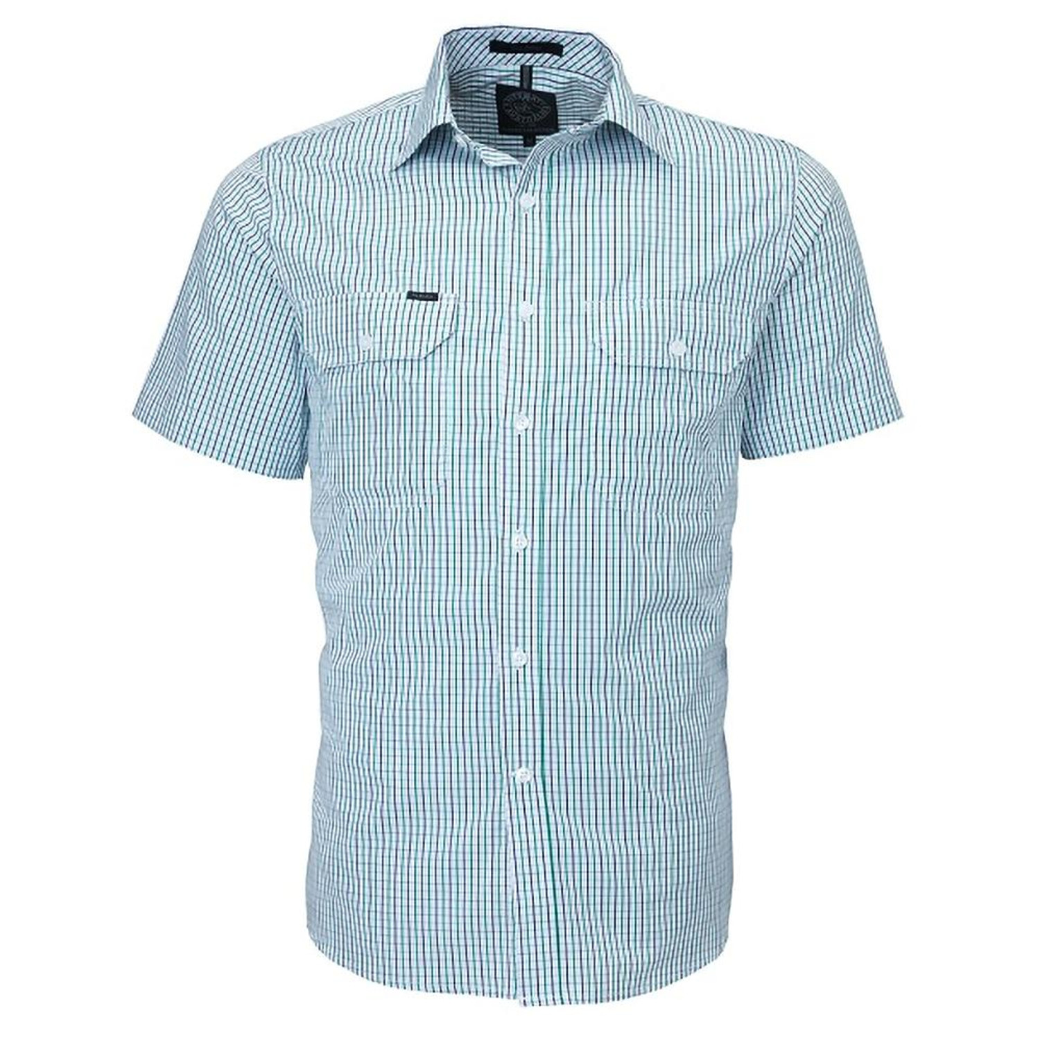 Ritemate RMPC011S Mens Short Sleeve Double Pocket Shirt in Emerald/Navy/White Bulk Deal, Buy 4 for dollar59.95 Each