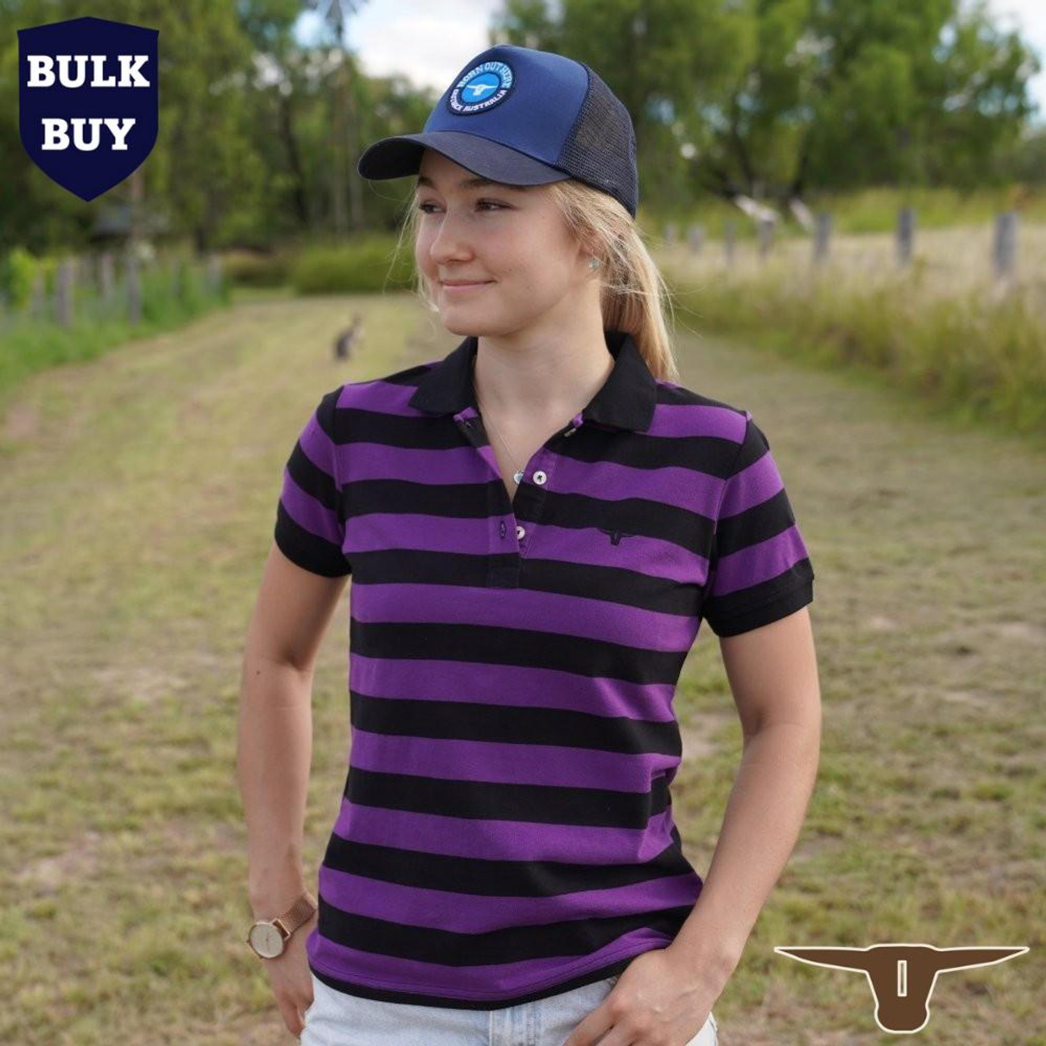  Born Out Here BLP2001 Ladies Short Sleeve Polo Shirt in Purple & Black (Bulk Deal, Buy 4+ Save $10 each!) 