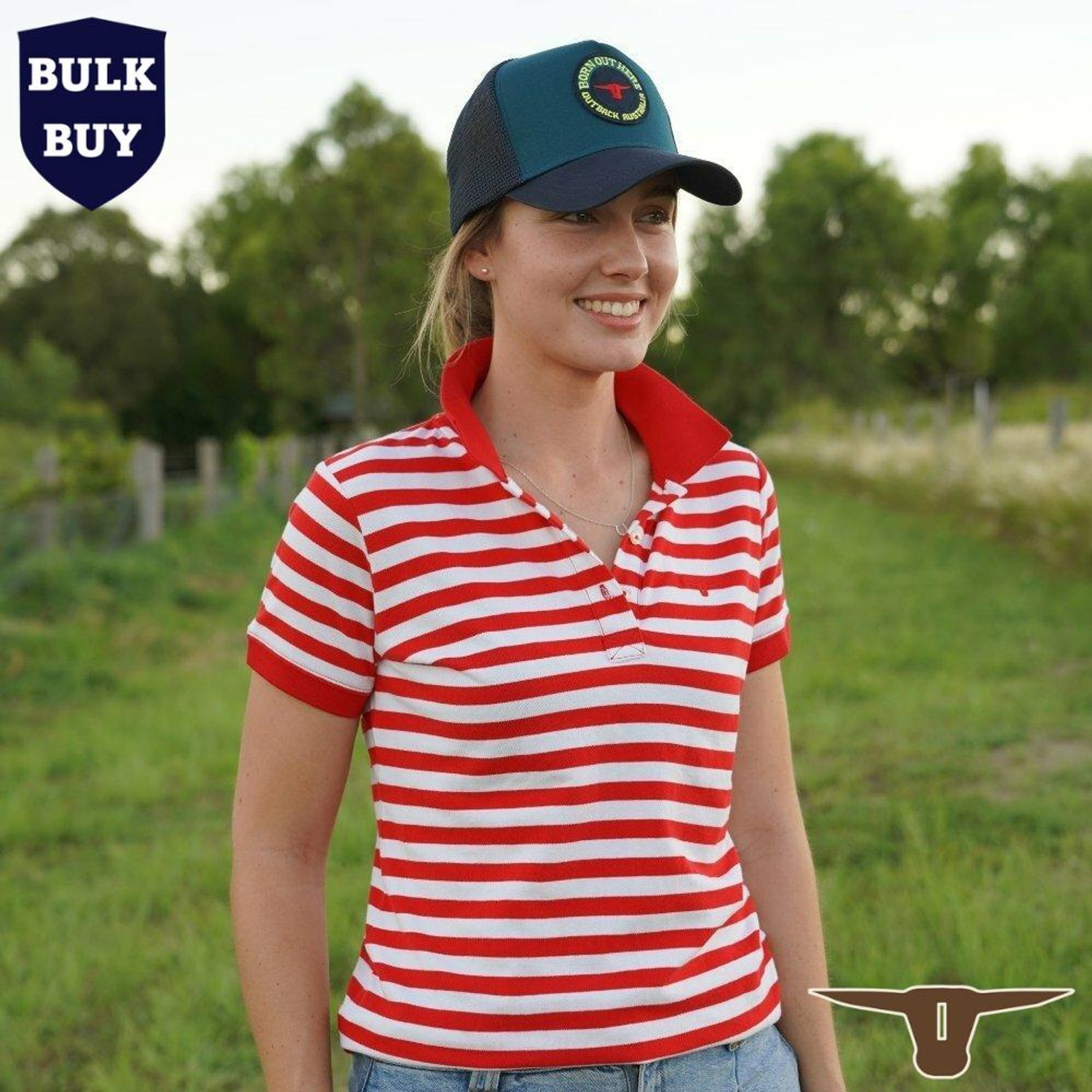  Born Out Here BLP2001 Ladies Short Sleeve Polo Shirt in Red/White (Bulk Deal, Buy 4+ Save $10 each!) 