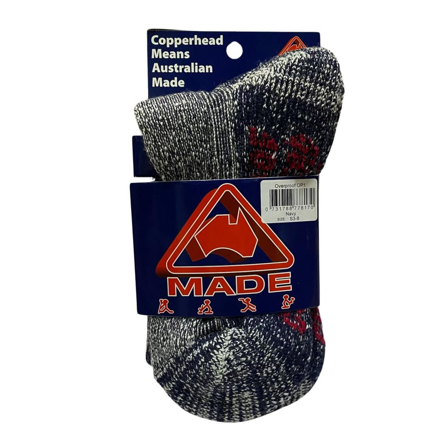 Copperhead Overproof 75% Merino Wool Australian Made OP1 (Navy Sock, Red and White Writing) (Buy 4+ Save $5 Each)