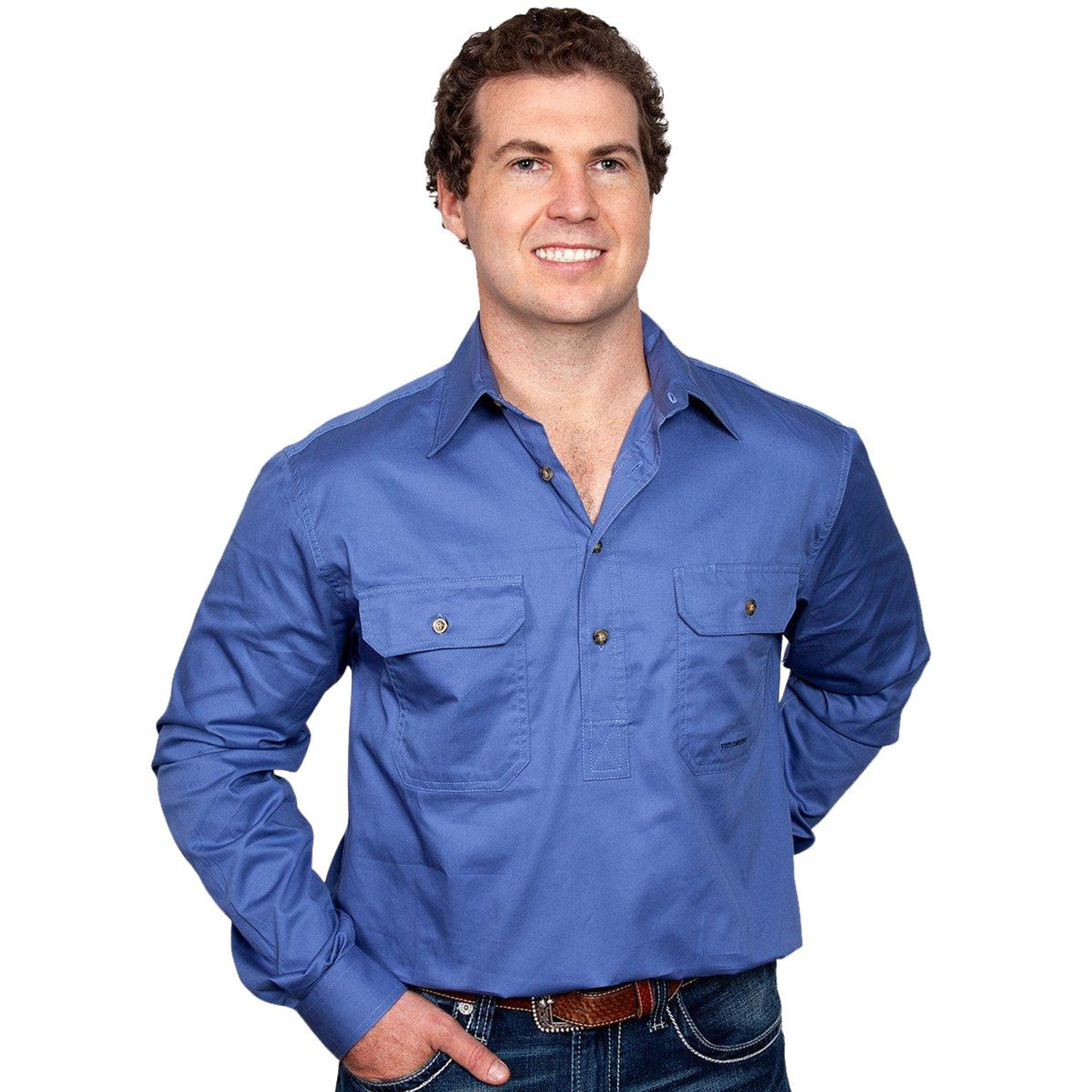 Just Country 10101 Mens Cameron Longsleeve Closed Front Workshirt in Blue Bulk Buy Deal, Buy 4 or more Just Country Adults Shirts for dollar44.95 Each
