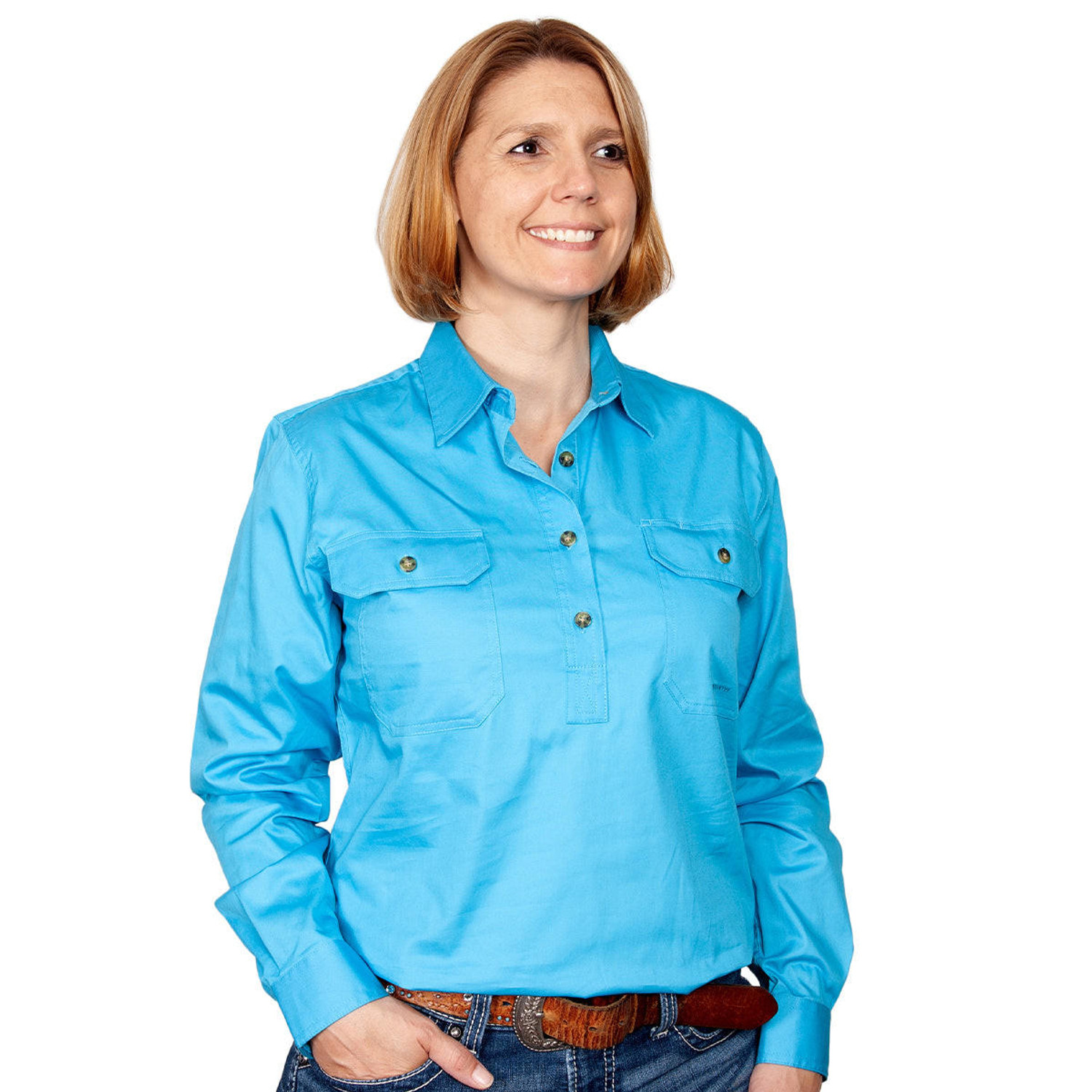 Just Country 50505 Ladies Jahna Longsleeve Closed Front Workshirt in Sky Bulk Buy Deal, Buy 4 or more Just Country Adults Shirts for dollar44.95 Each