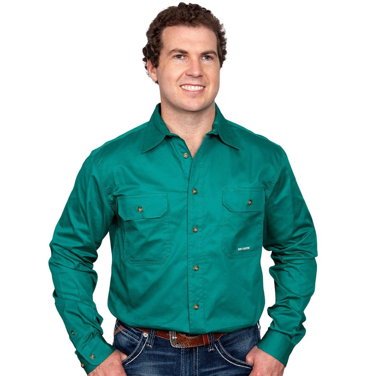 Just Country 20202 Mens Evan Longsleeve Open Front Workshirt in Dark Green Bulk Buy Deal, Buy 4 or more Just Country Adults Shirts for dollar44.95 Each