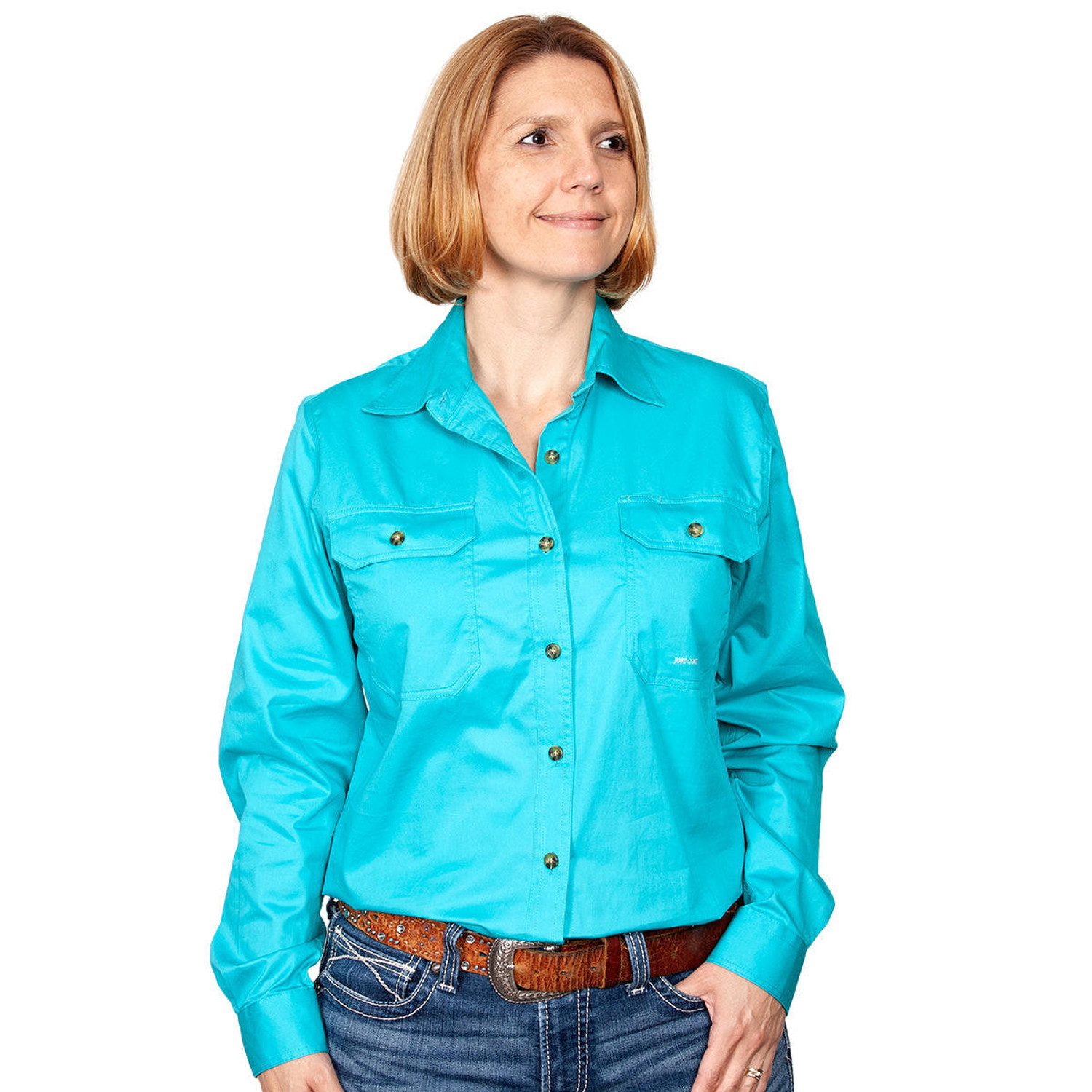 Just Country 50502 Ladies Brooke Longsleeve Open Front Workshirt in Turquoise Bulk Buy Deal, Buy 4 or more Just Country Adults Shirts for dollar44.95 Each