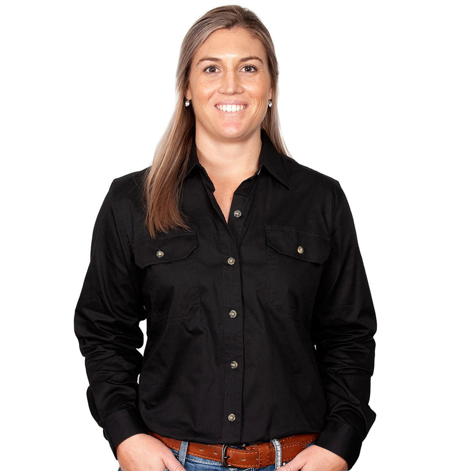 Just Country 50502 Ladies Brooke Longsleeve Open Front Workshirt in Black Bulk Buy Deal, Buy 4 or more Just Country Adults Shirts for dollar44.95 Each