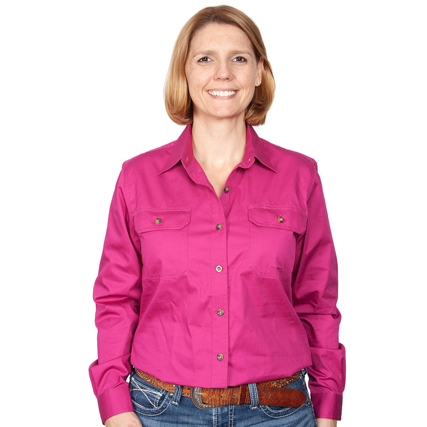 Just Country 50502 Ladies Brooke Longsleeve Open Front Workshirt in Magenta Bulk Buy Deal, Buy 4 or more Just Country Adults Shirts for dollar44.95 Each