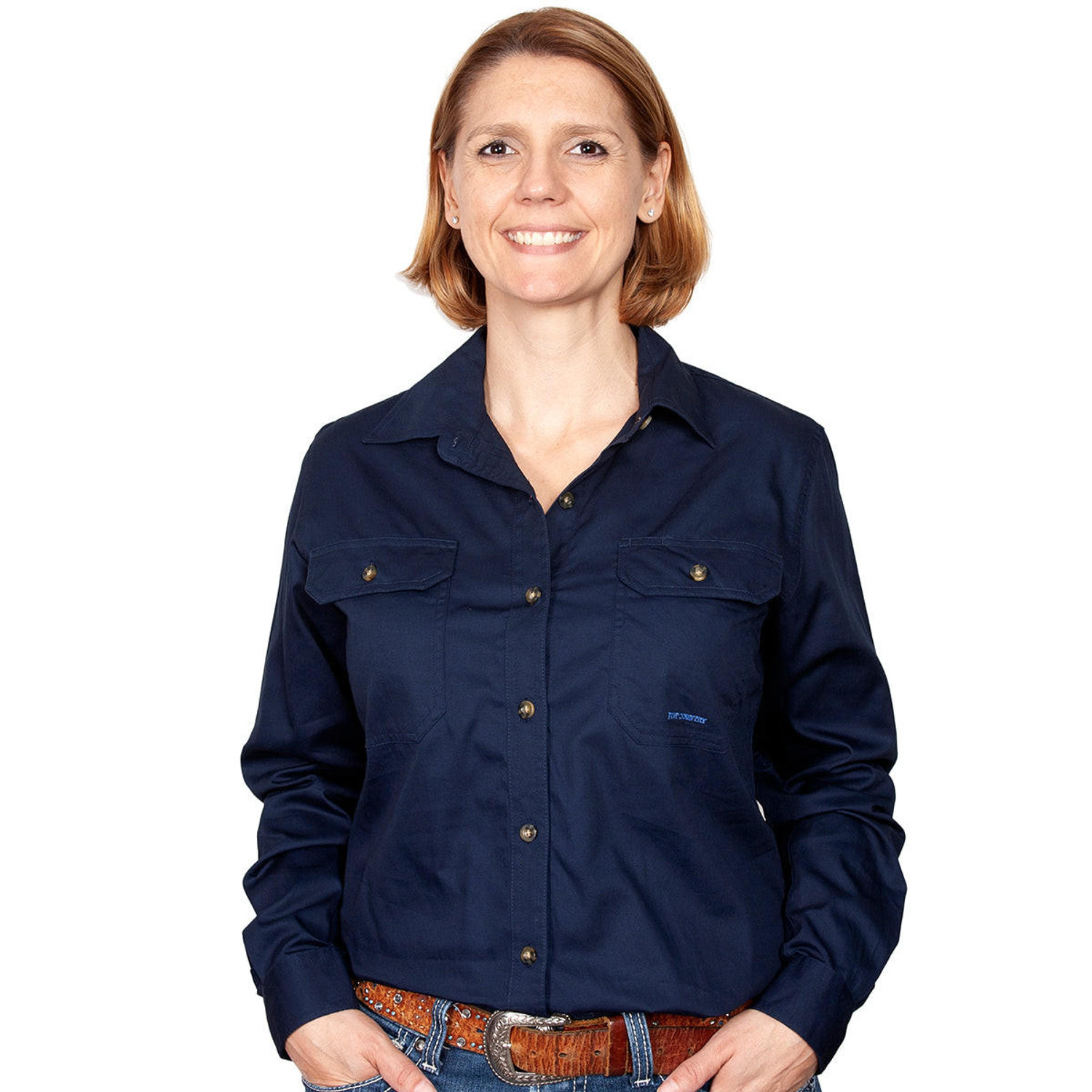 Just Country 50502 Ladies Brooke Longsleeve Open Front Workshirt in NavyBulk Buy Deal, Buy 4 or more Just Country Adults Shirts for dollar44.95 Each