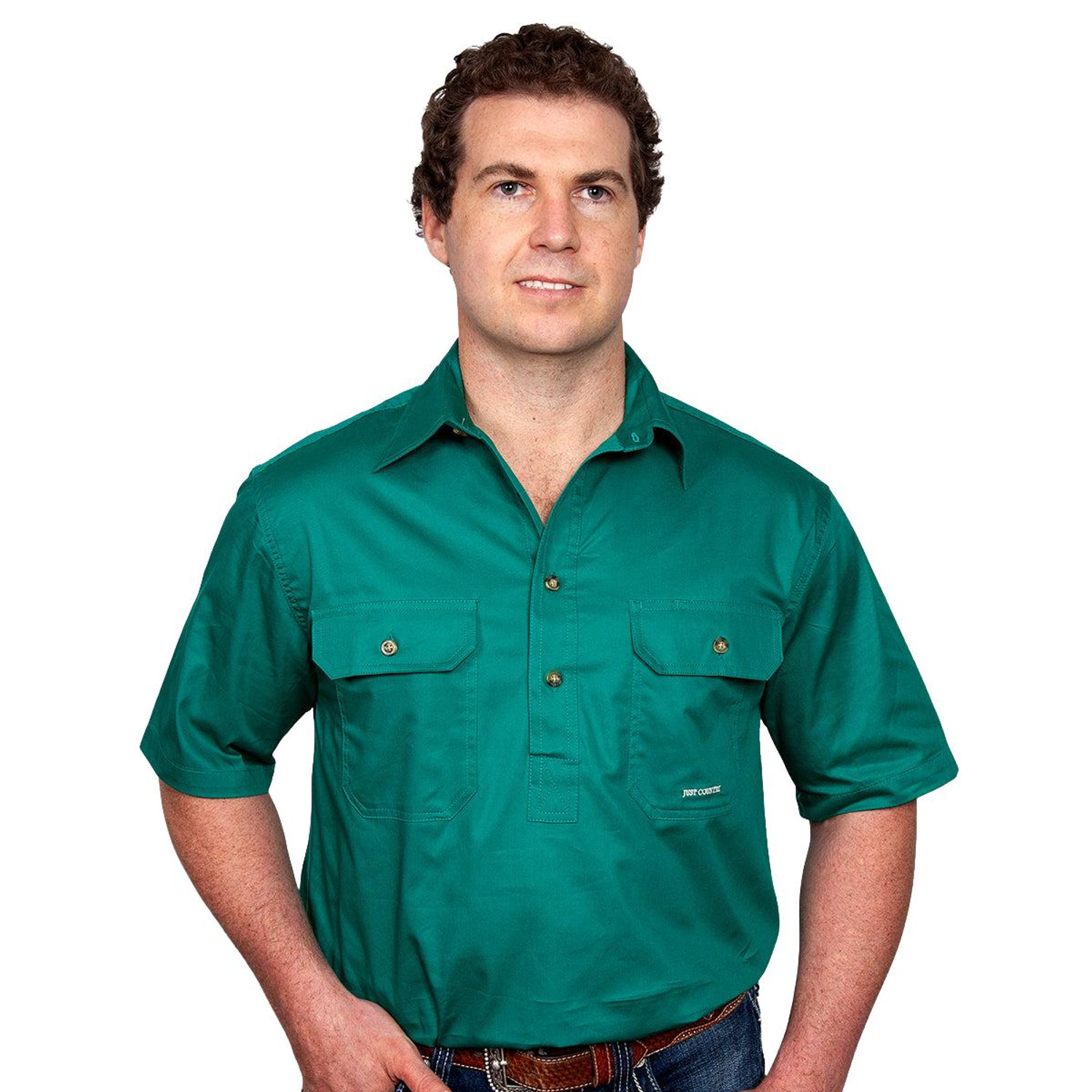 Just Country 10104 Mens Adam Short Sleeve Closed Front Workshirt in Dark Green Bulk Buy Deal, Buy 4 or more Just Country Adults Shirts for dollar44.95 Each