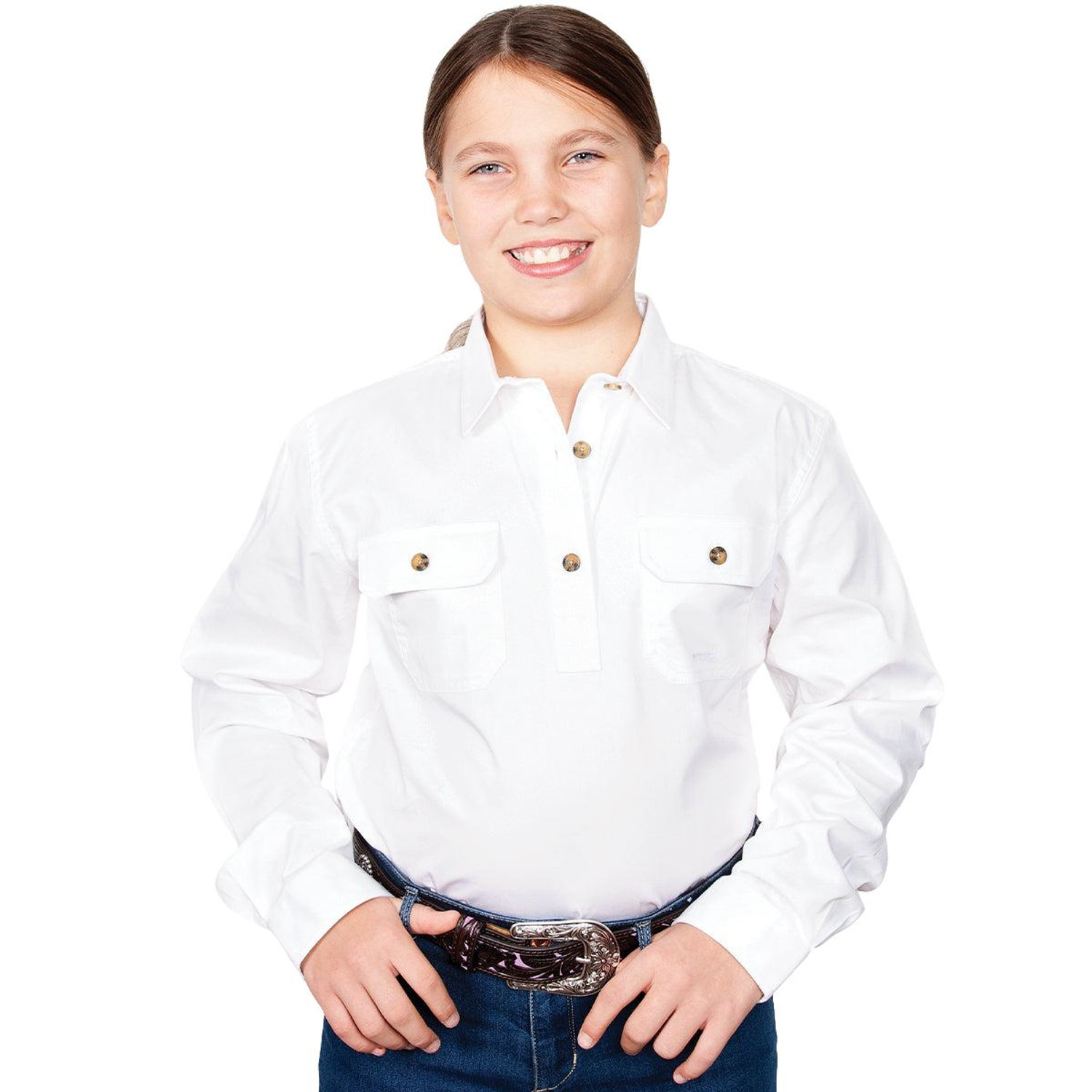 Just Country 60606 KIDS Kenzie Longsleeve Closed Front Shirt in White Bulk Buy Deal, Buy 4 or more Just Country Kids Shirts for dollar39.95 Each