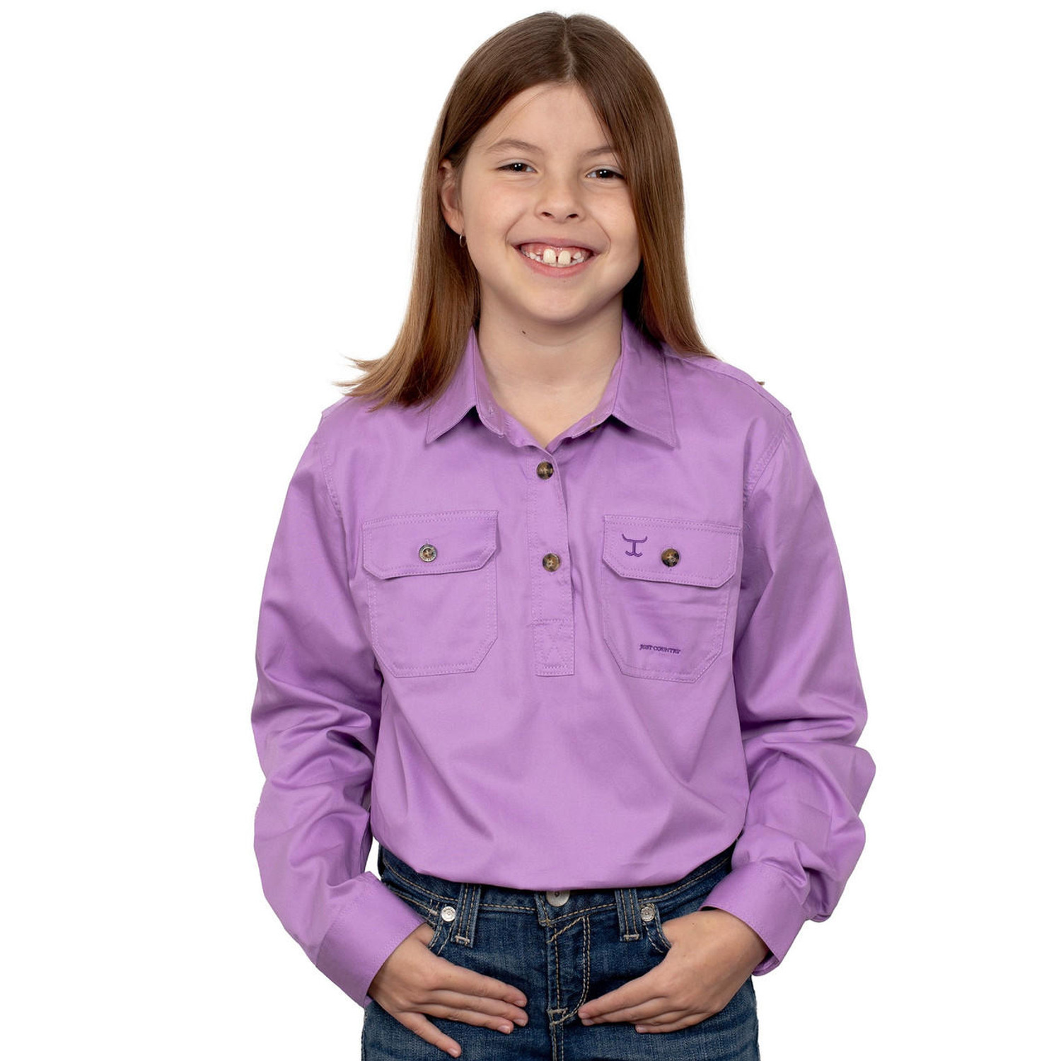 Just Country 60606 KIDS Kenzie Longsleeve Closed Front Shirt in Orchid Bulk Buy Deal, Buy 4 or more Just Country Kids Shirts for dollar39.95 Each
