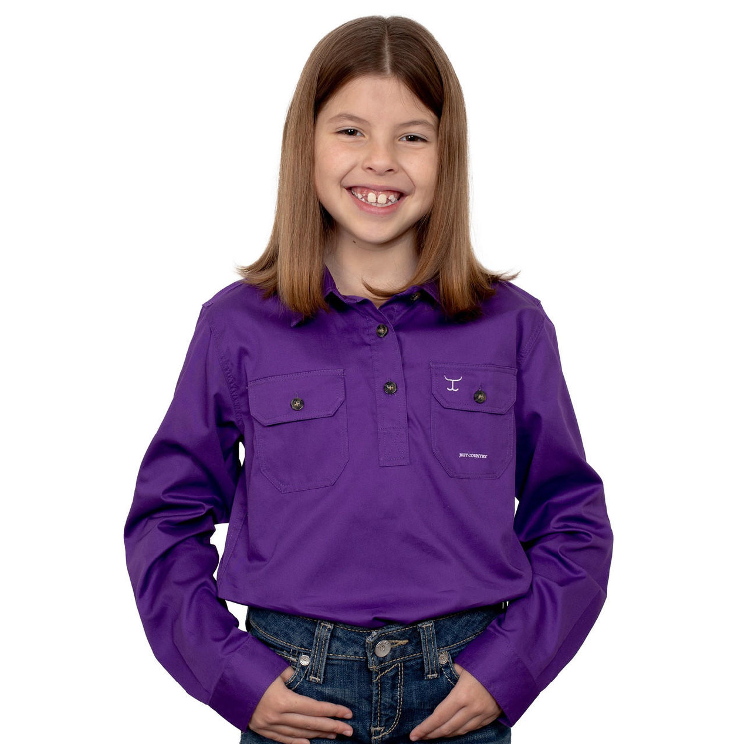 Just Country 60606 KIDS Kenzie Longsleeve Closed Front Shirt in Purple Bulk Buy Deal, Buy 4 or more Just Country Kids Shirts for dollar39.95 Each