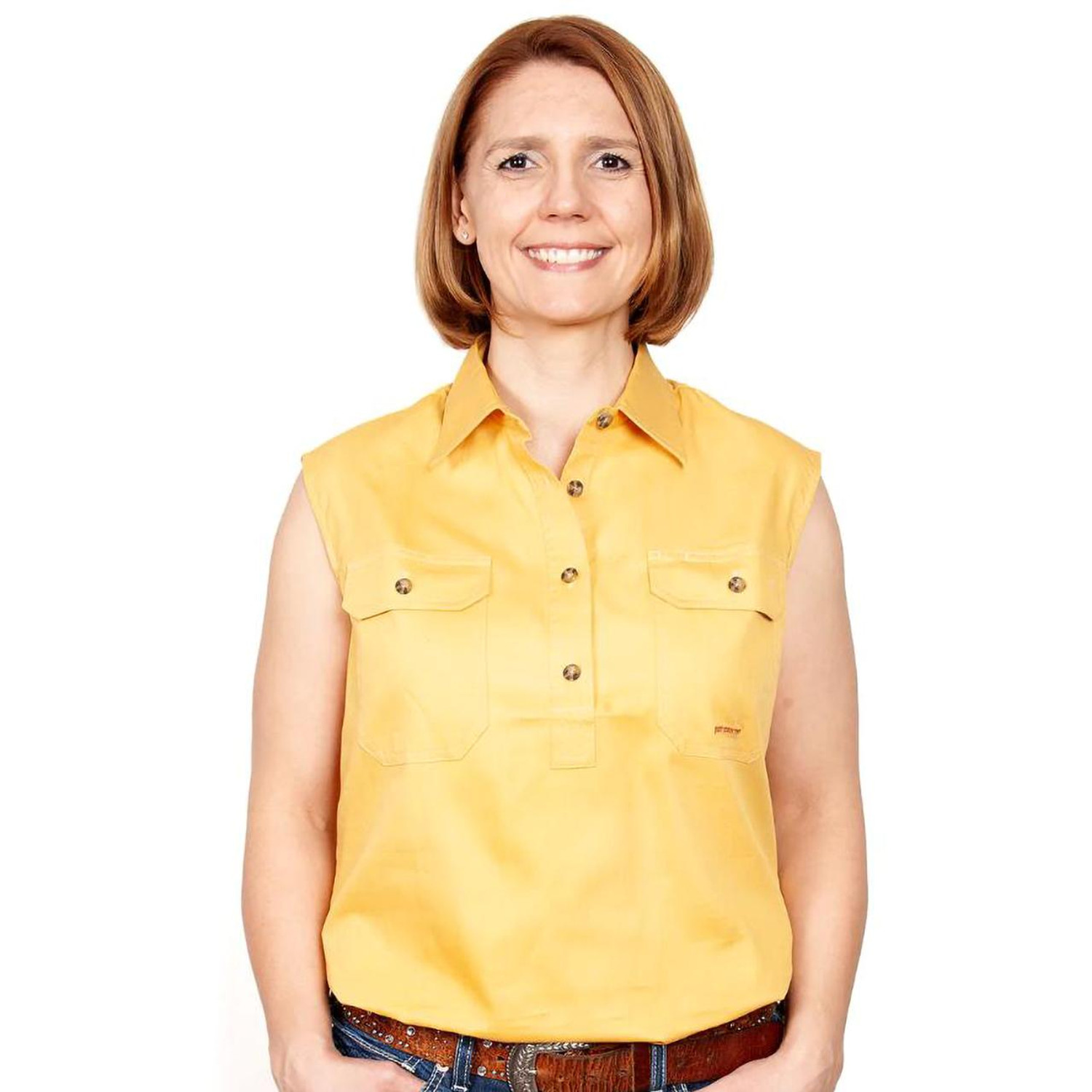  Just Country 50503 Ladies Kerry Closed Front Sleeveless Shirt  in Mustard (Bulk Buy Deal, Buy 4 or more Just Country Adults Shirts for $44.95 Each!) 