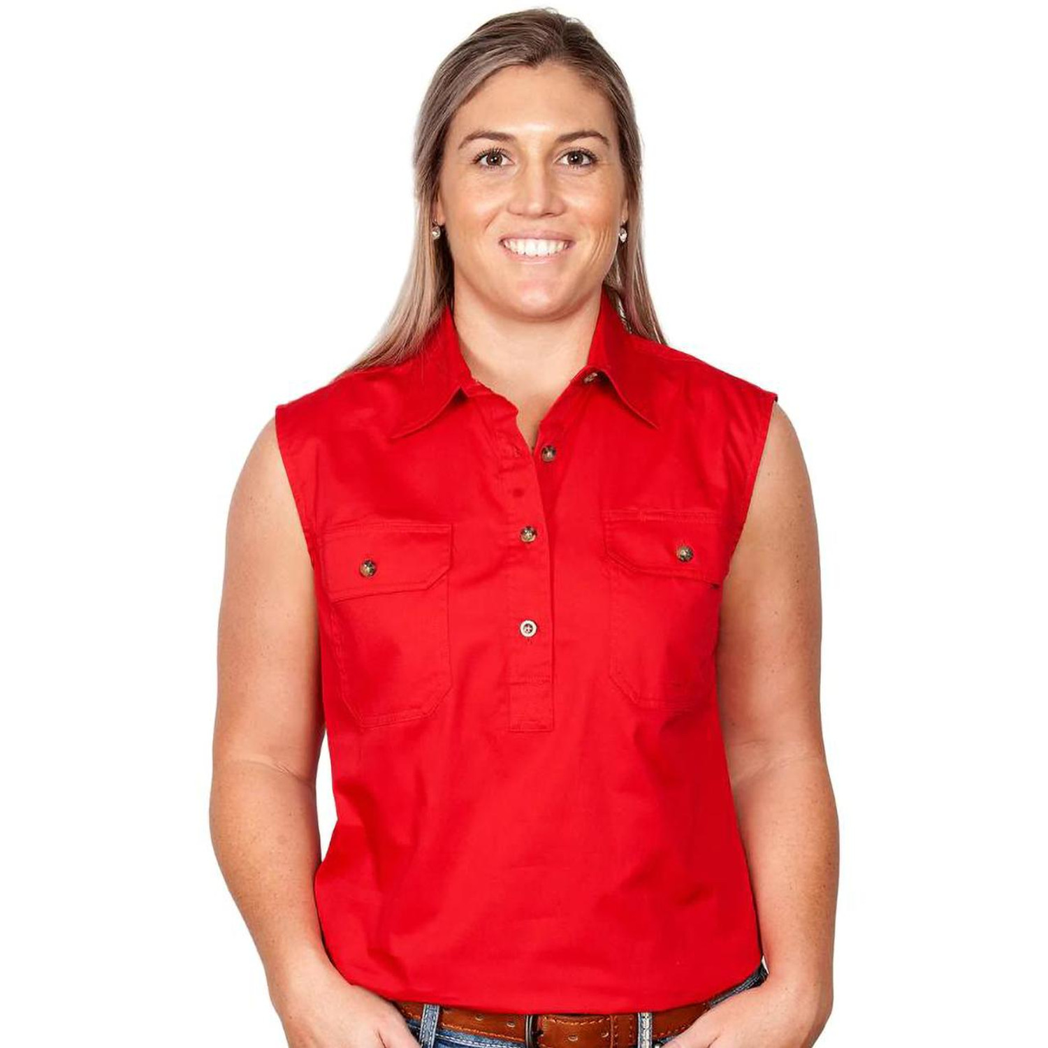  Just Country 50503 Ladies Kerry Closed Front Sleeveless Shirt  in Chilli (Bulk Buy Deal, Buy 4 or more Just Country Adults Shirts for $44.95 Each!) 