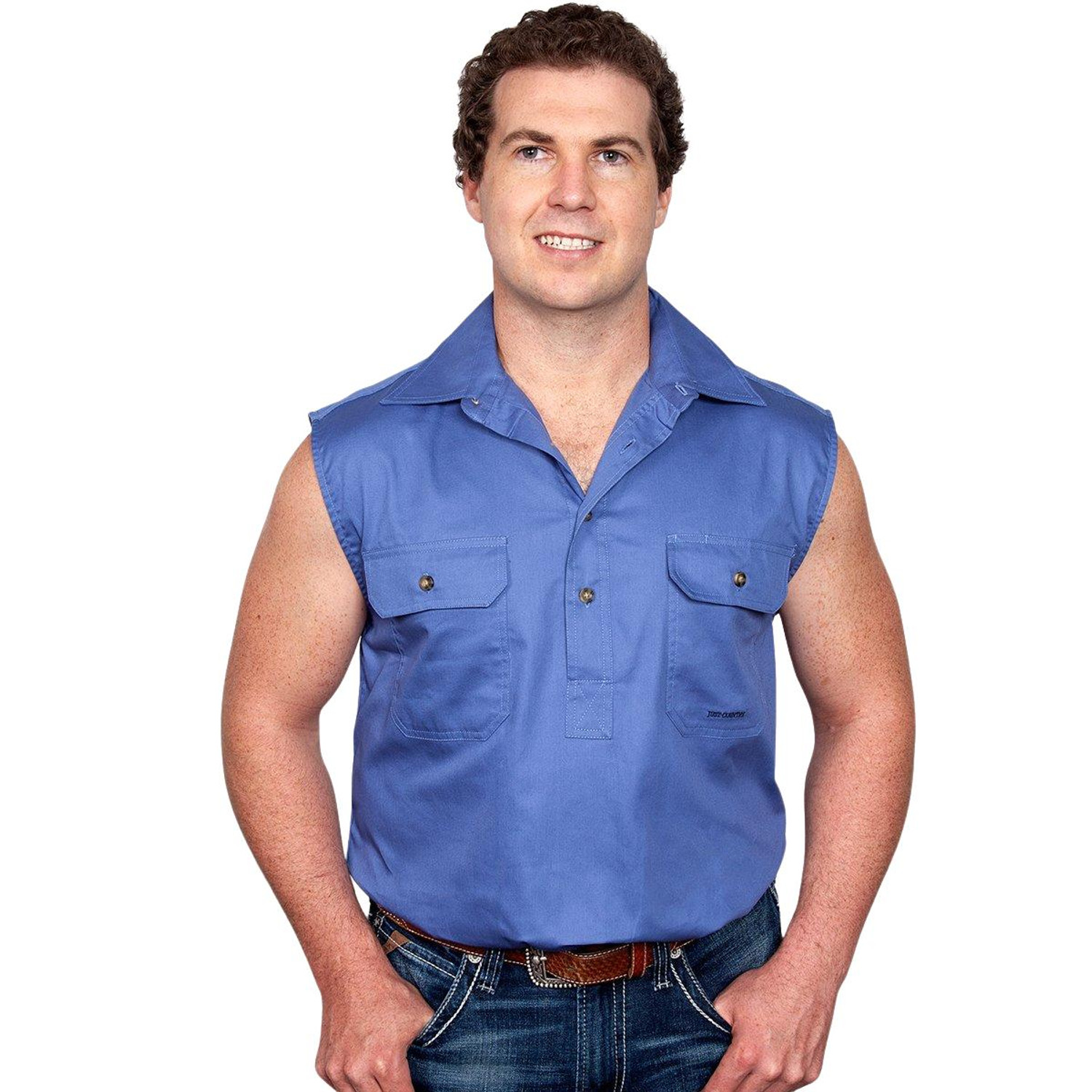 Just Country 10103 Mens Jack Closed Front Sleeveless Shirt in Blue Bulk Buy Deal, Buy 4 or more Just Country Adults Shirts for dollar44.95 Each