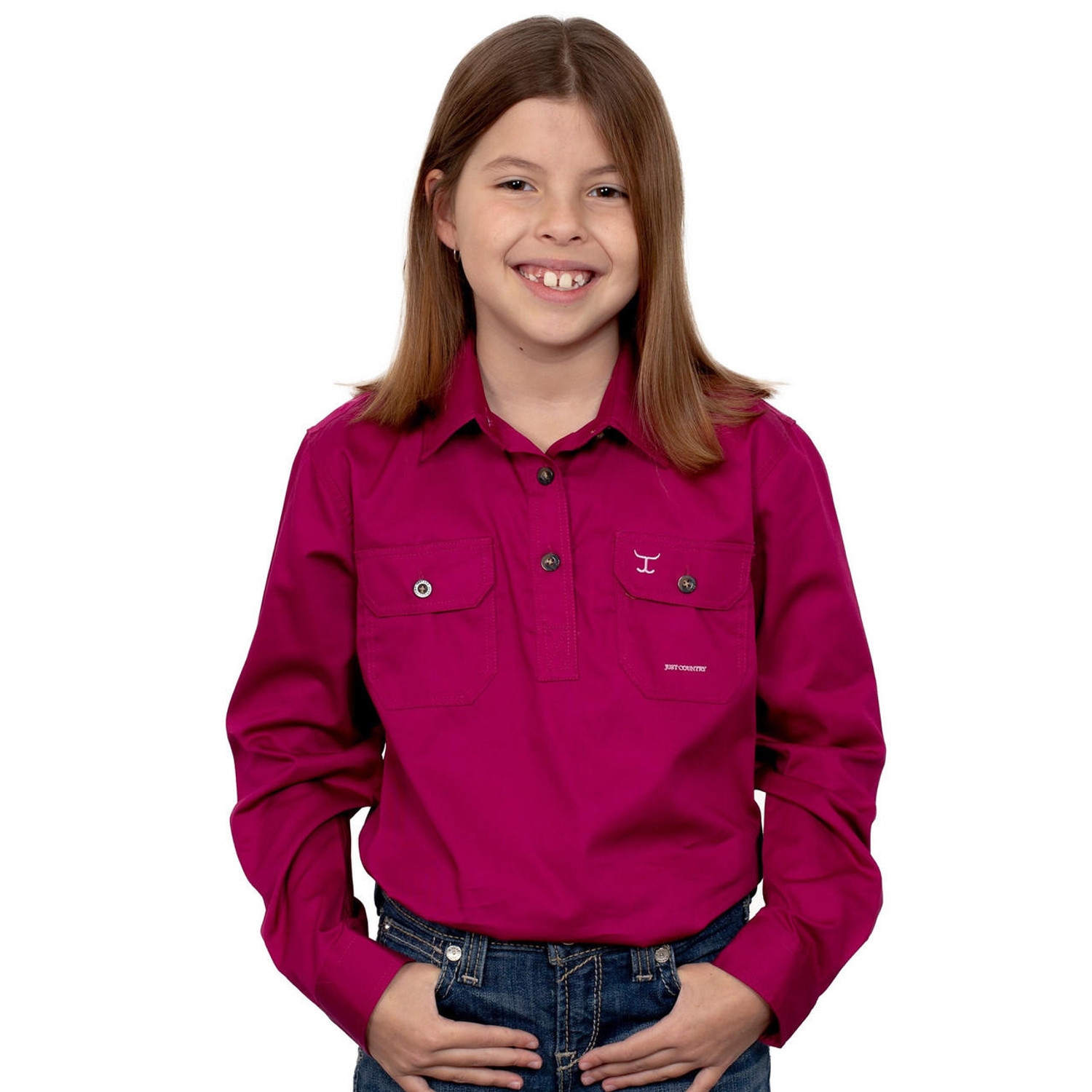 Just Country 60606 KIDS Kenzie Longsleeve Closed Front Shirt in Magenta Bulk Buy Deal, Buy 4 or more Just Country Kids Shirts for dollar39.95 Each