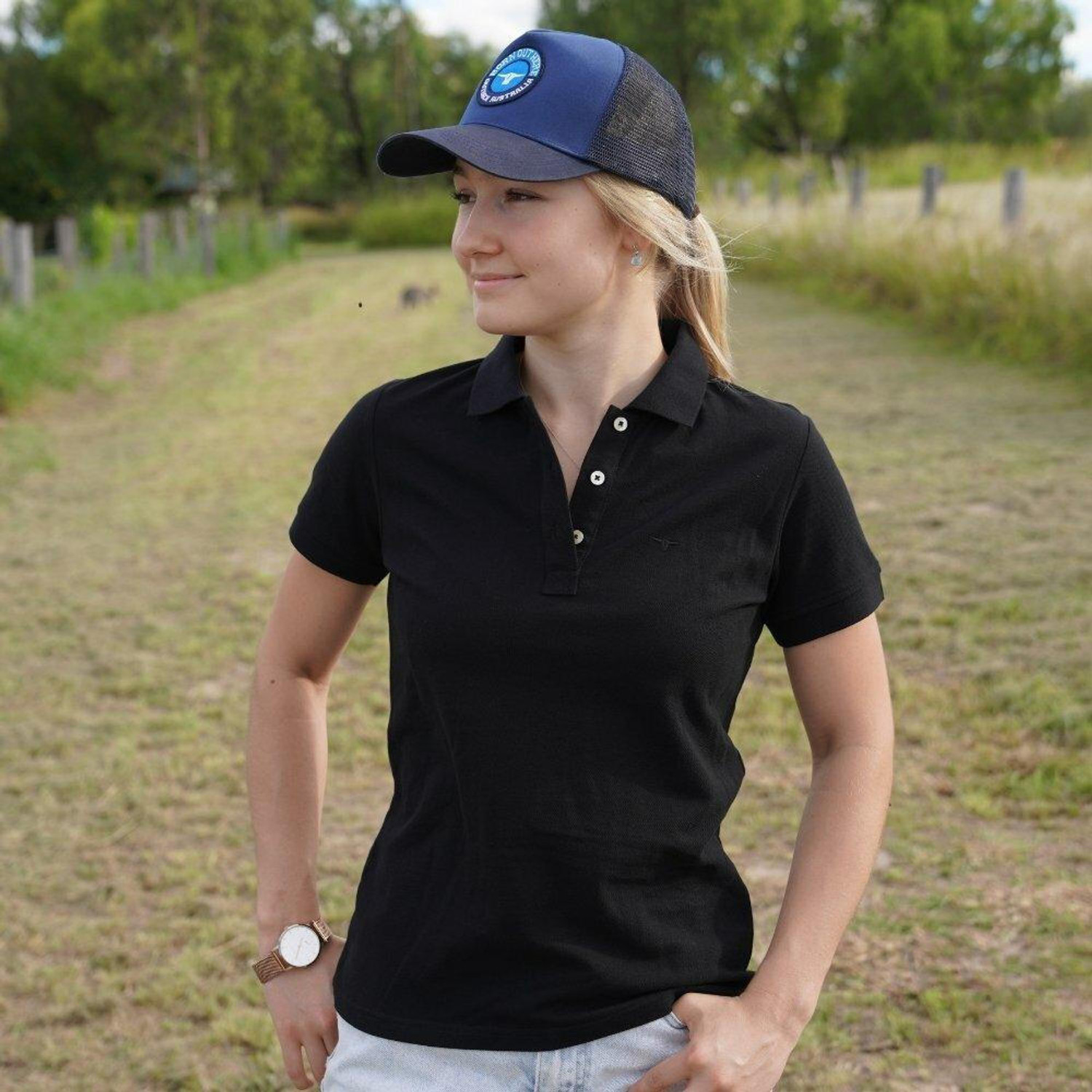 Born Out Here FREE EMBROIDERY - Ladies Cotton Polo in Black (Buy 20+) 