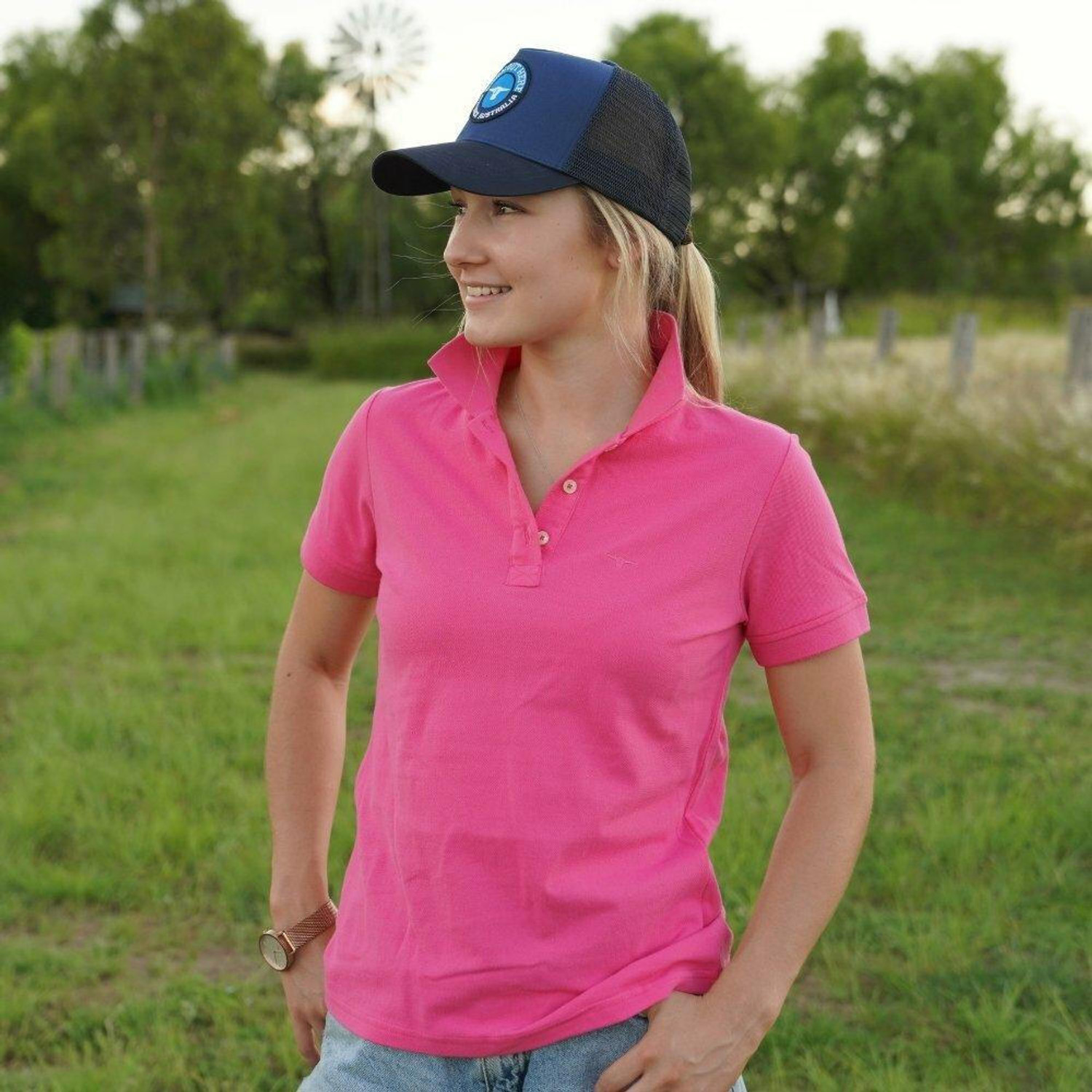 Born Out Here FREE EMBROIDERY - Ladies Cotton Polo in Rose (Buy 20+) 