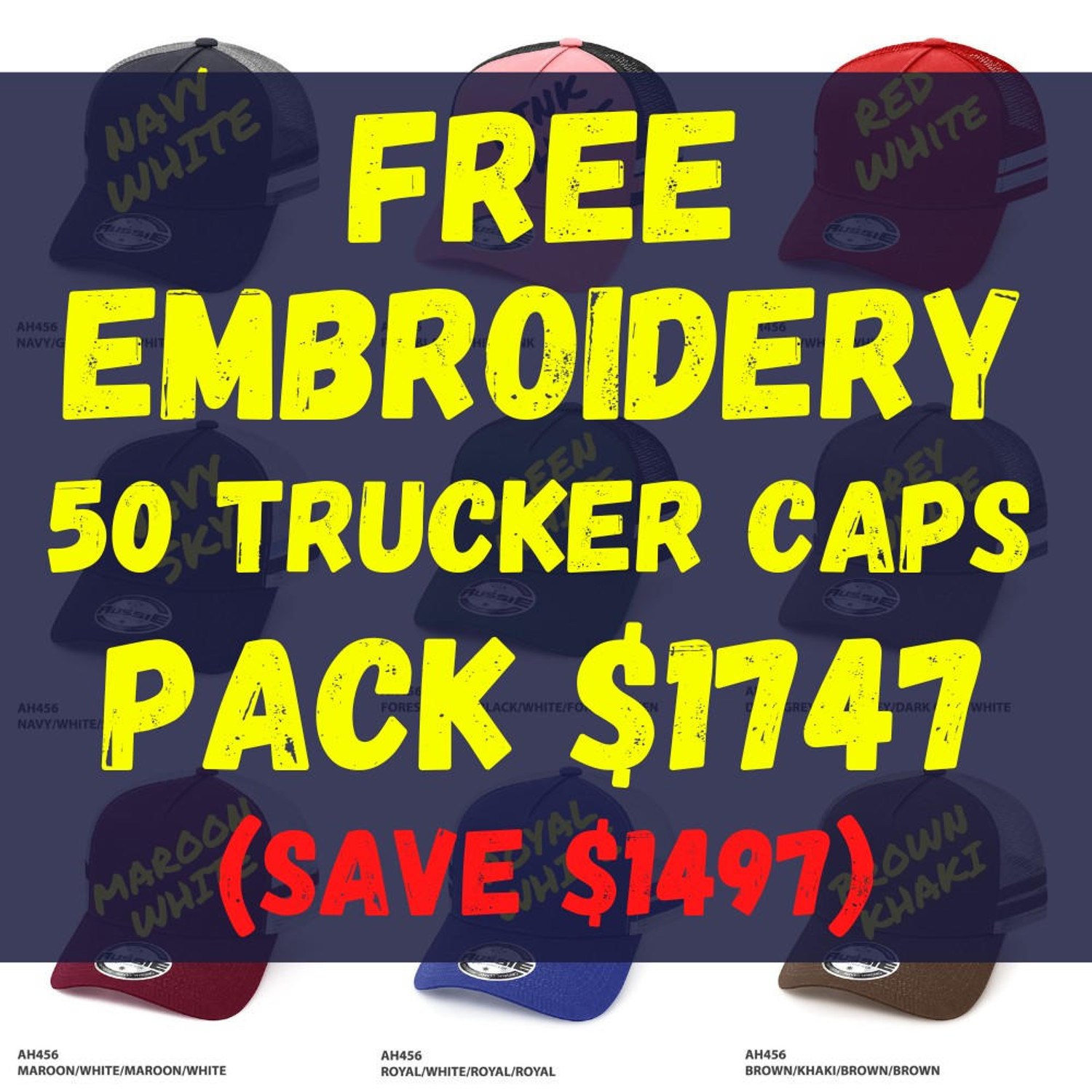  50 Trucker Caps With Free Logo Embroidery (PACKAGE DEAL) 