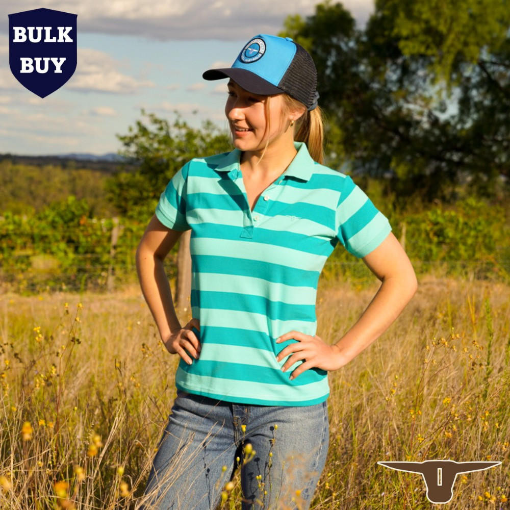 Born Out Here BLP2001 Ladies Short Sleeve Polo Shirt in Eggshell/Blue (Bulk Deal, Buy 4+ Save $10 each!)