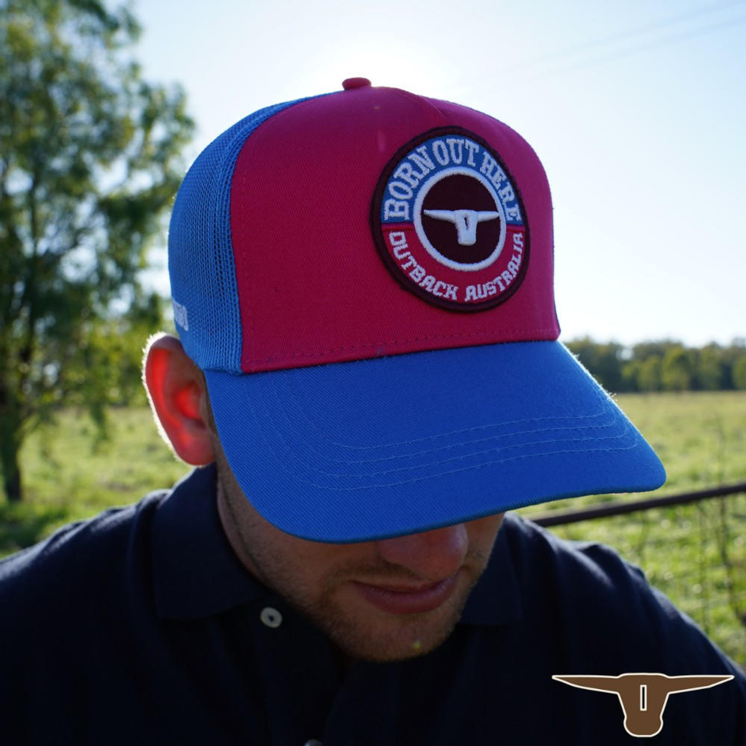  Born Out Here Original Trucker Cap in Fuschia/Azure 