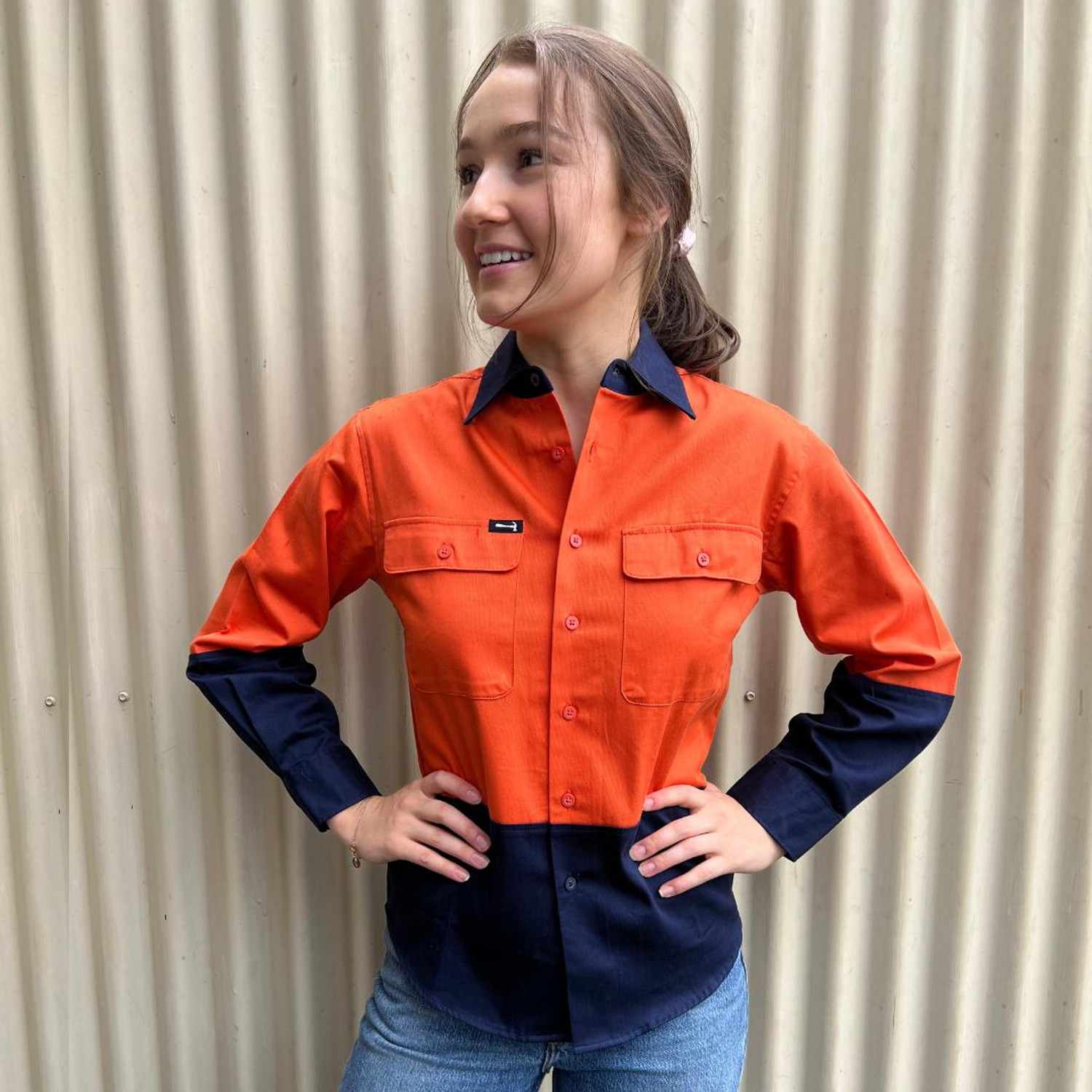  Hammer and Needle Ladies Cotton Drill Long Sleeve/Open Front Hi-Vis Work shirt in Orange/Navy (Bulk Deal Buy 4+ for $44.95 each) 