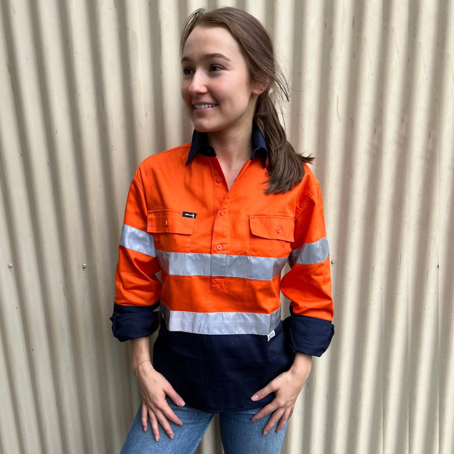  Hammer and Needle Ladies Cotton Drill Long Sleeve/Closed Front Hi-Vis + Reflective Tape Work shirt in Orange/Navy (Bulk Deal Buy 4+ for $64.95 each) 