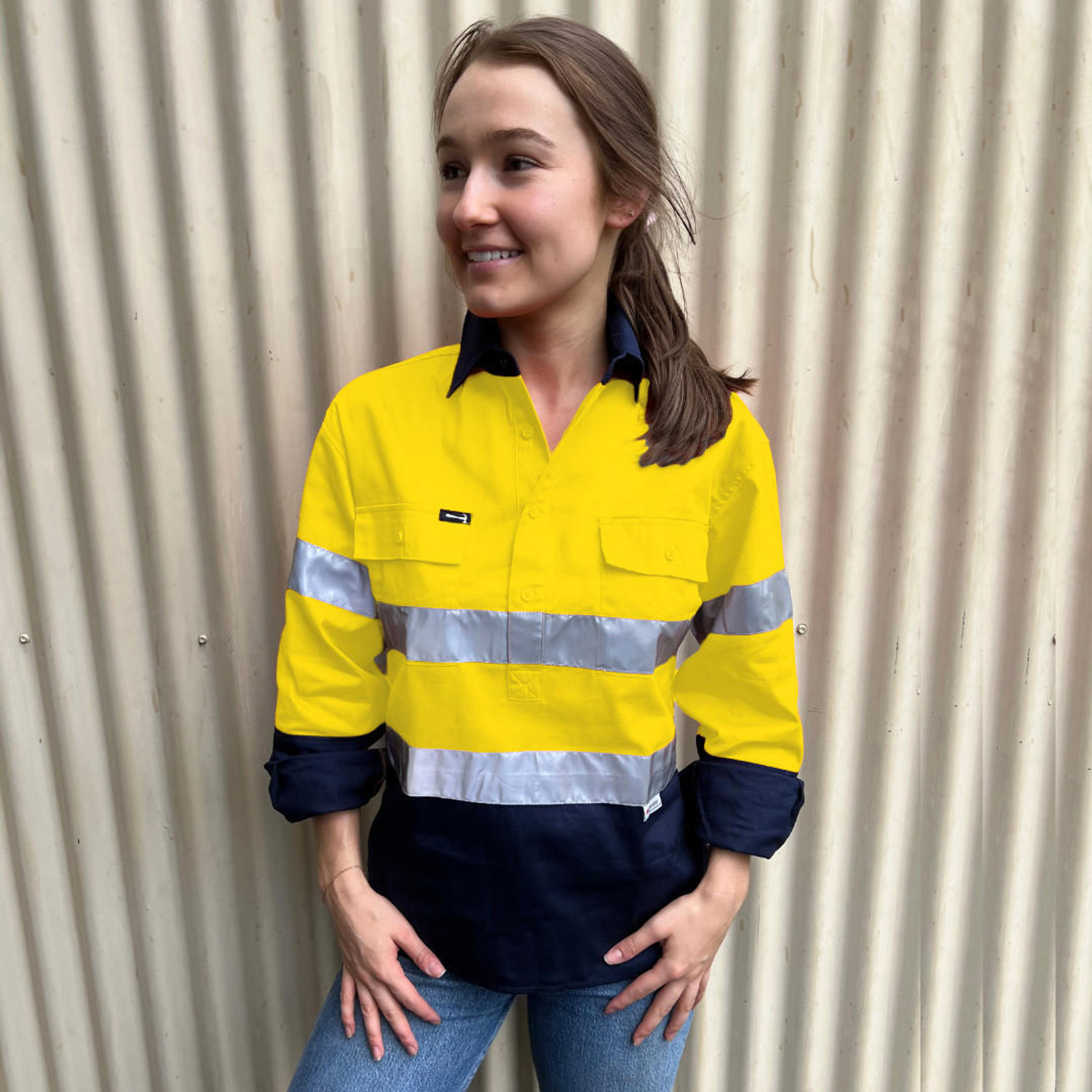  Hammer and Needle Ladies Cotton Drill Long Sleeve/Closed Front Hi-Vis + Reflective Tape Work shirt in Yellow/Navy (Bulk Deal Buy 4+ for $64.95 each) 