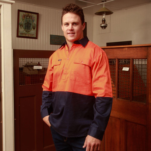 Hammer and Needle Cotton Drill Long Sleeve/Closed Front Orange/Navy Hi-Vis Work shirt