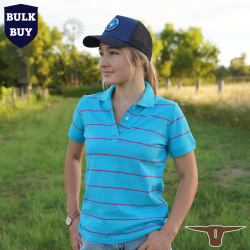  Born Out Here BLP2001 Ladies Short Sleeve Polo Shirt in Azure & Pink (Bulk Deal, Buy 4+ Save $10 each!) 