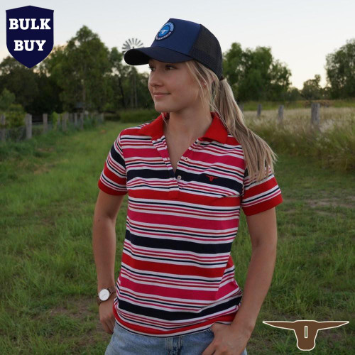  Born Out Here BLP2001 Ladies Short Sleeve Polo Shirt in Red, Fuchsia, Navy & White Stripe (Bulk Deal, Buy 4+ Save $10 each!) 