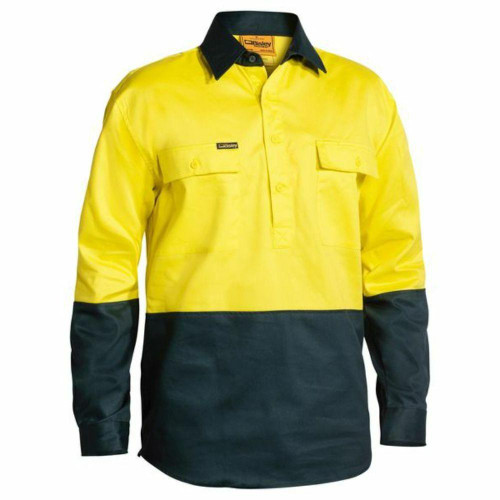 Bisley BSC6267 2Tone Long Sleeve Closed Front Drill Shirt Yellow/Bottle